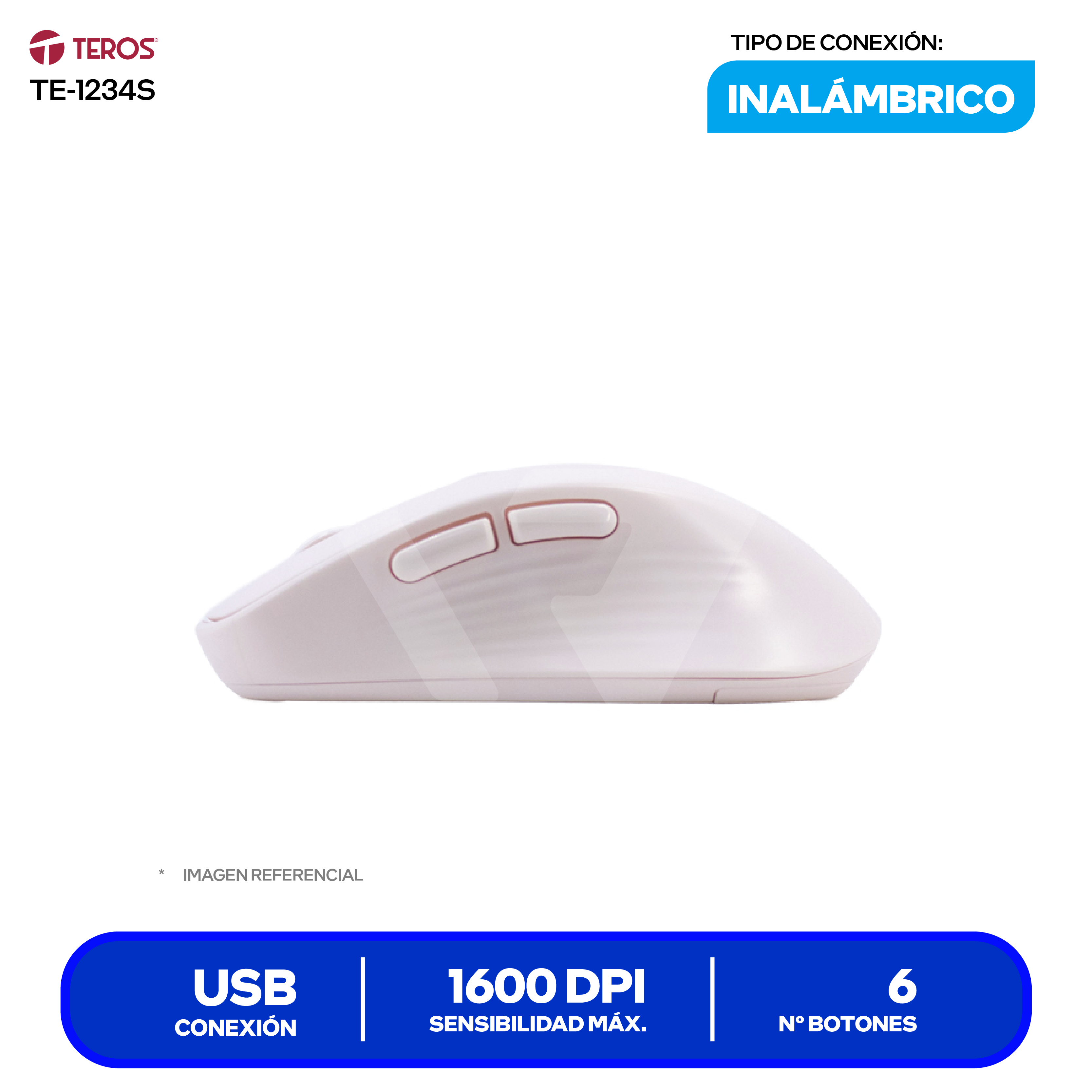 Mouse Óptico Inalámbrico Teros (TE-1234S) Rosado 1600 DPI