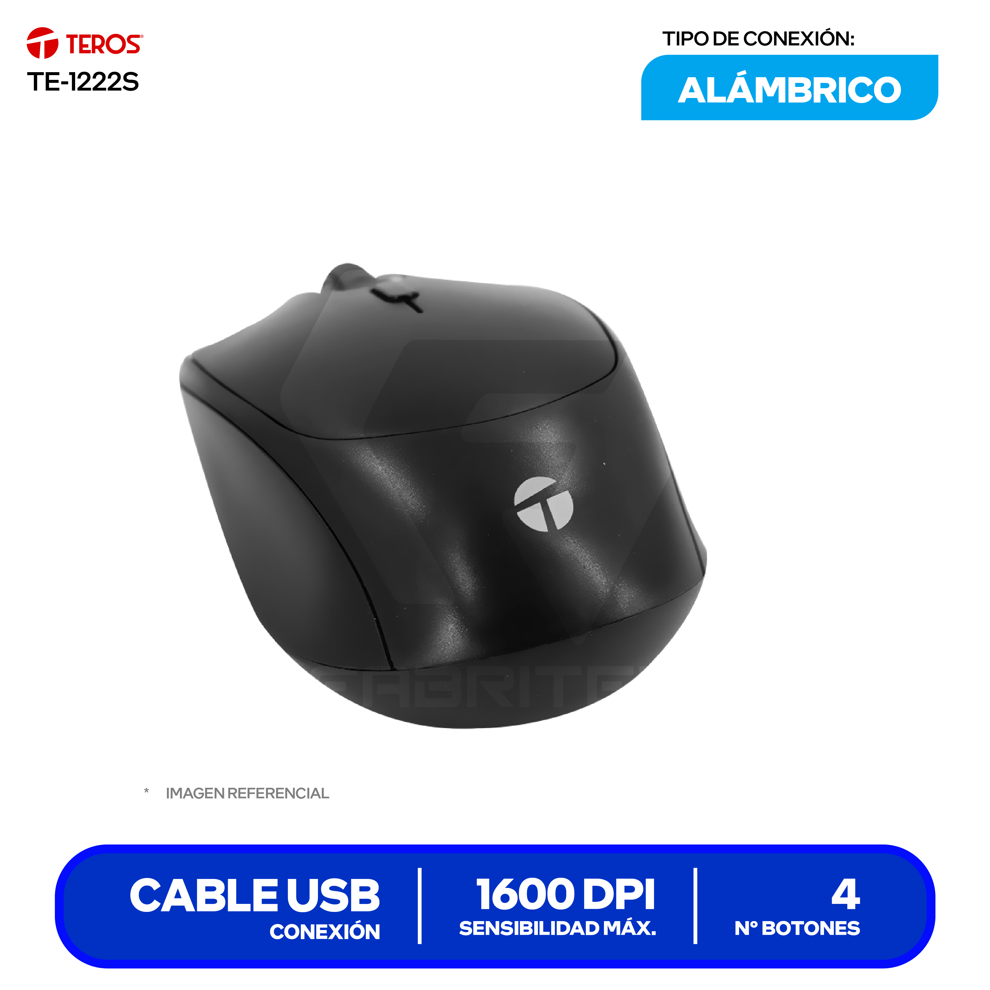 Mouse Óptico Alámbrico Teros (TE-1222S) Negro 1600 DPI