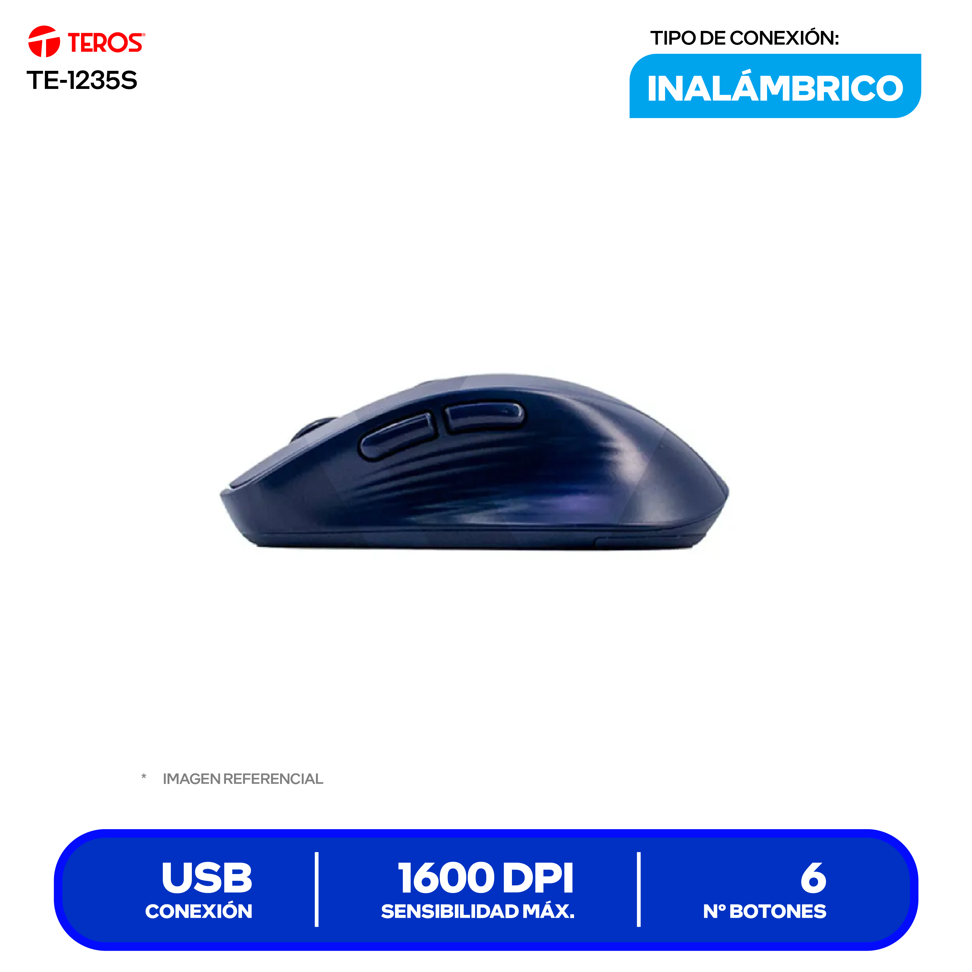 Mouse Inalámbrico Teros ( TE-1235S ) Azul 1600 DPI