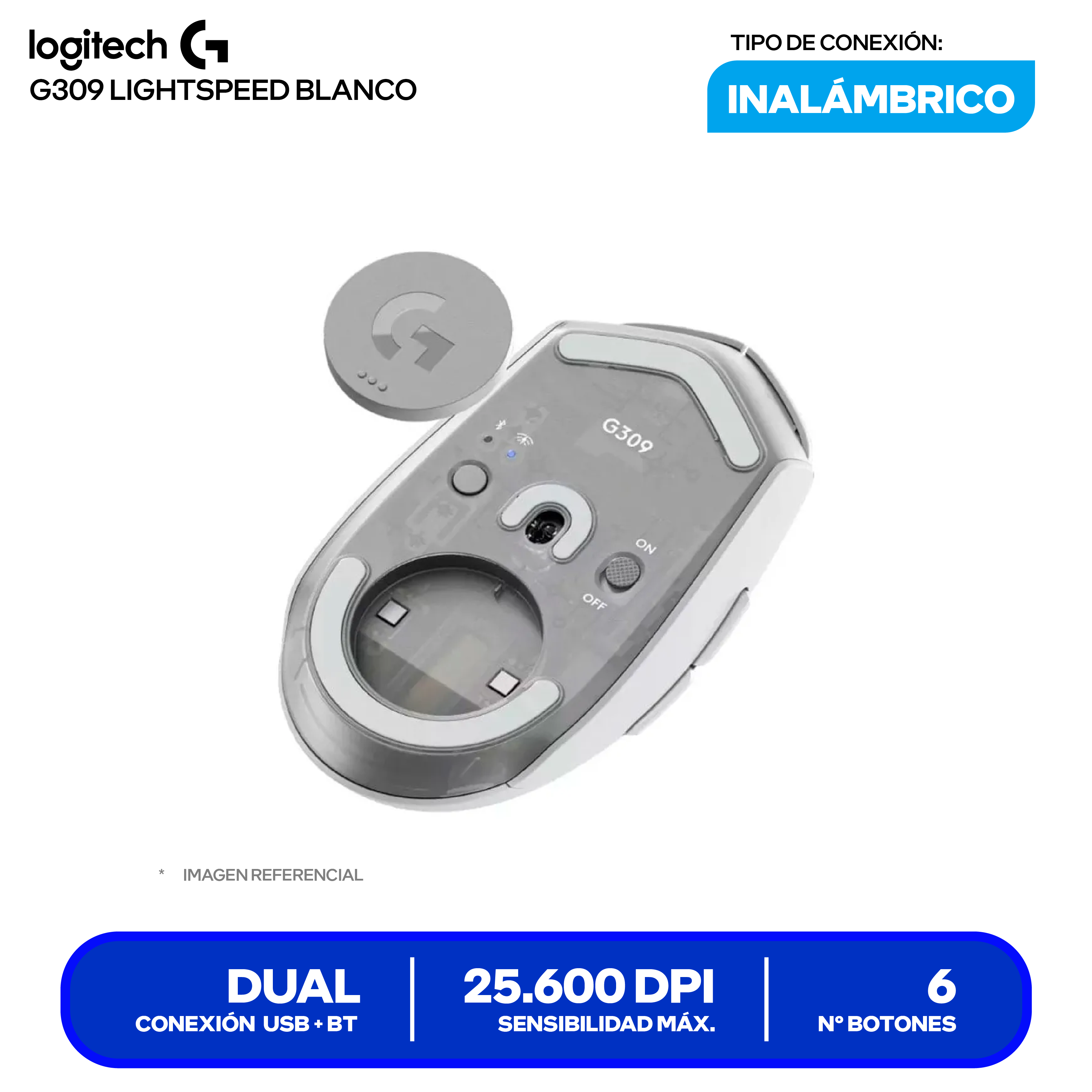 Mouse Gamer Inalámbrico Logitech G309 ( 910-007205 ) Blanco 25.600 DPI