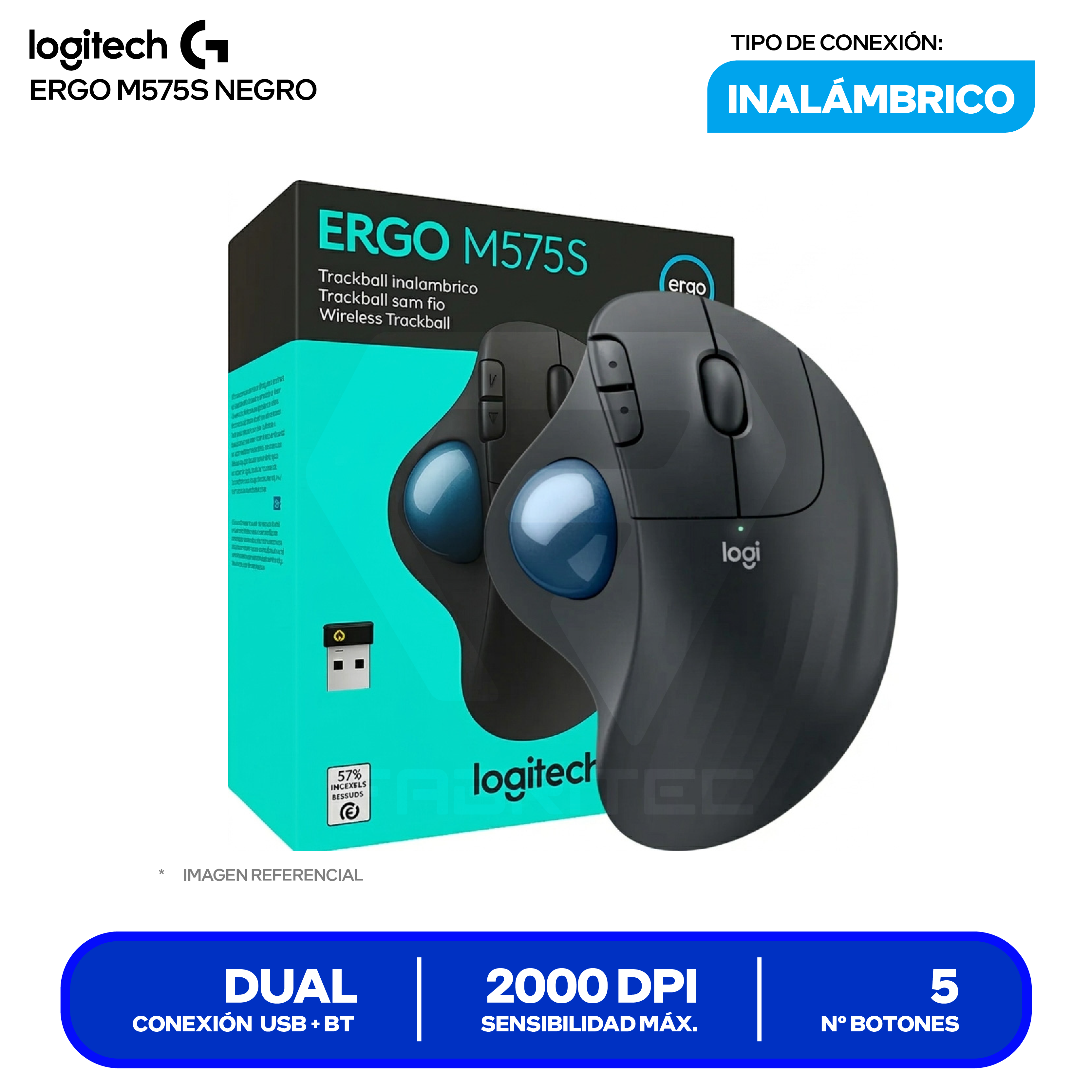 Mouse Ergonómico Logitech ERGO M575S ( 910-007031 ) Negro 2000 DPI
