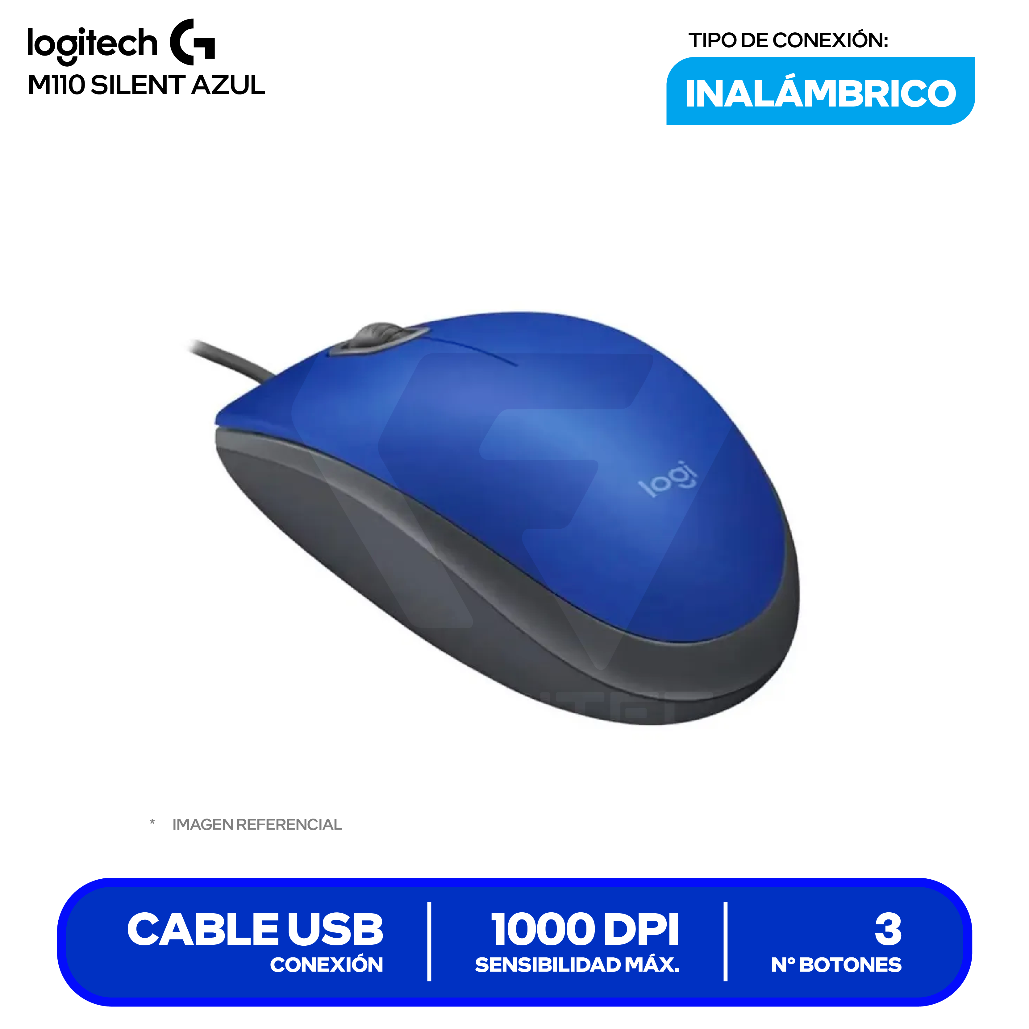 Mouse Alámbrico Logitech M110 SILENT ( 910-006662 ) Azul  1000 DPI