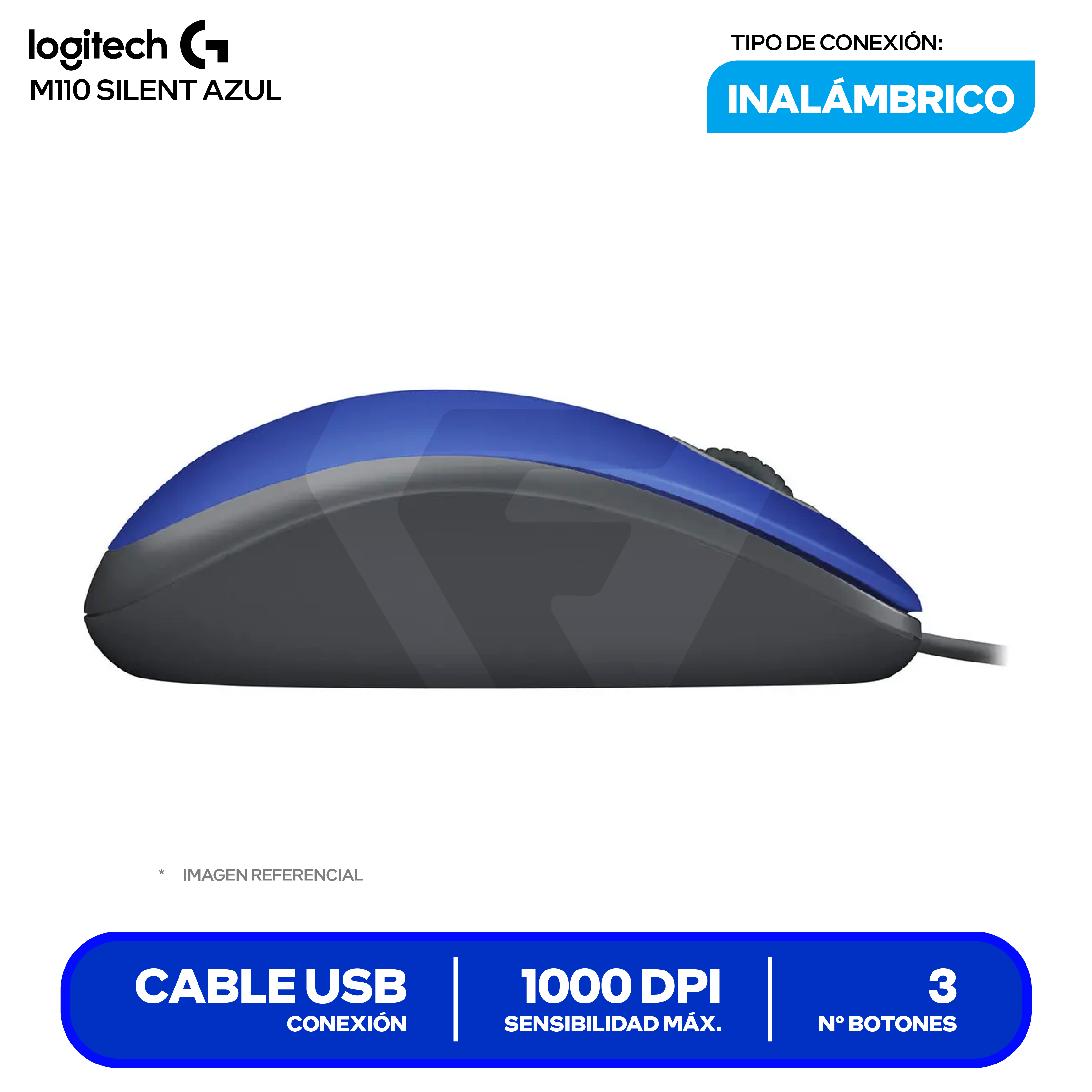 Mouse Alámbrico Logitech M110 SILENT ( 910-006662 ) Azul  1000 DPI