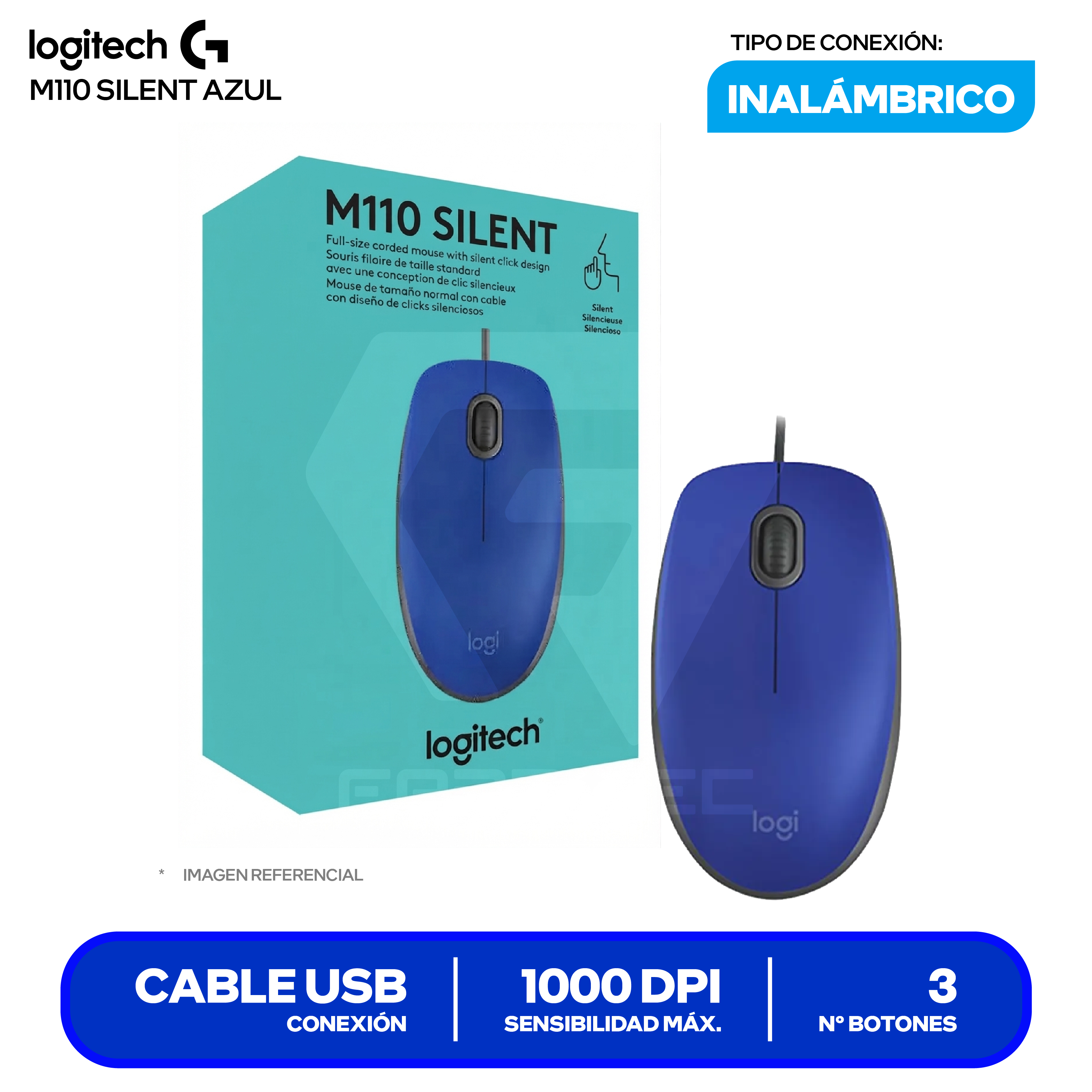 Mouse Alámbrico Logitech M110 SILENT ( 910-006662 ) Azul  1000 DPI