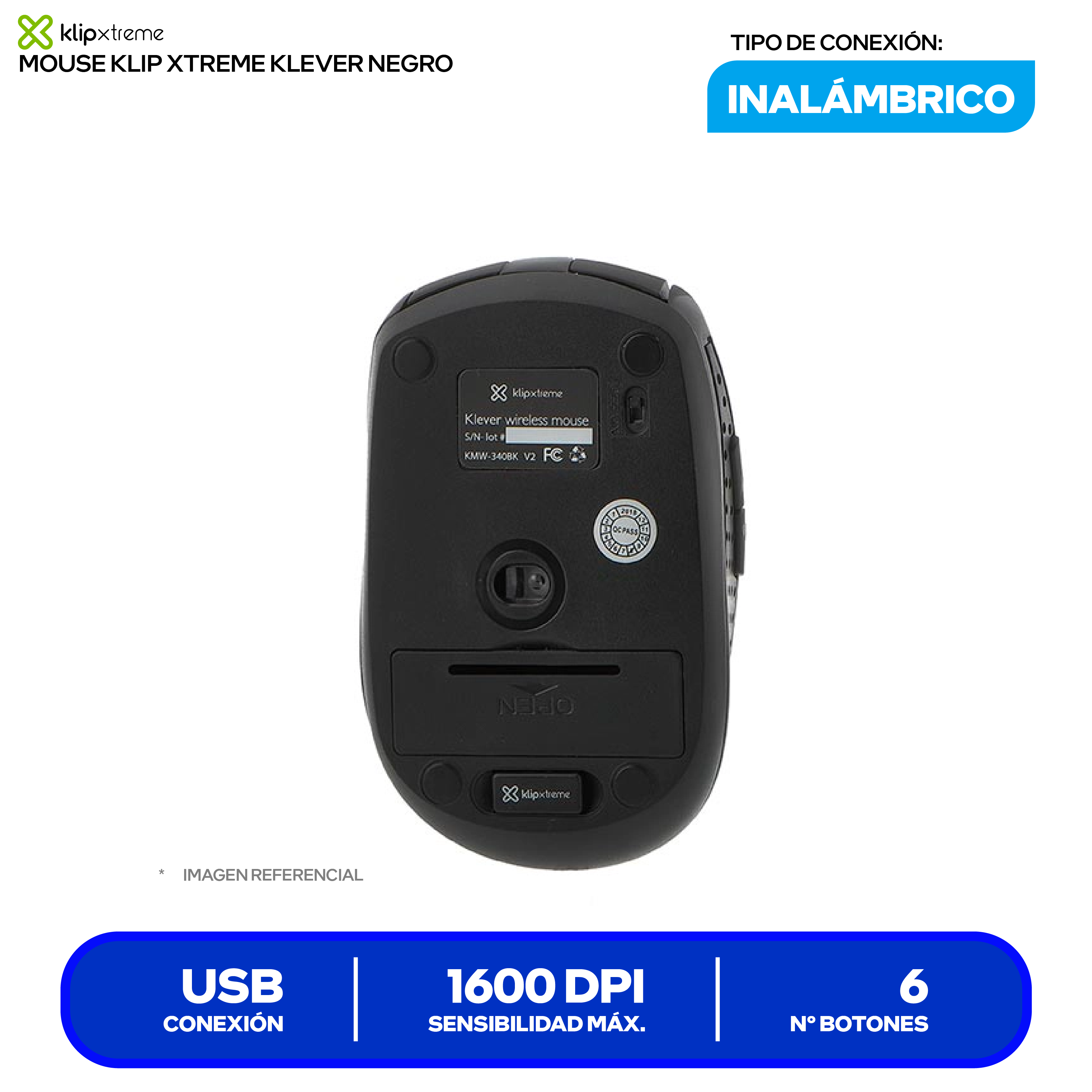 Mouse Inalámbrico Klip Xtreme KLEVER ( KMW-340BK ) Negro 1600 DPI