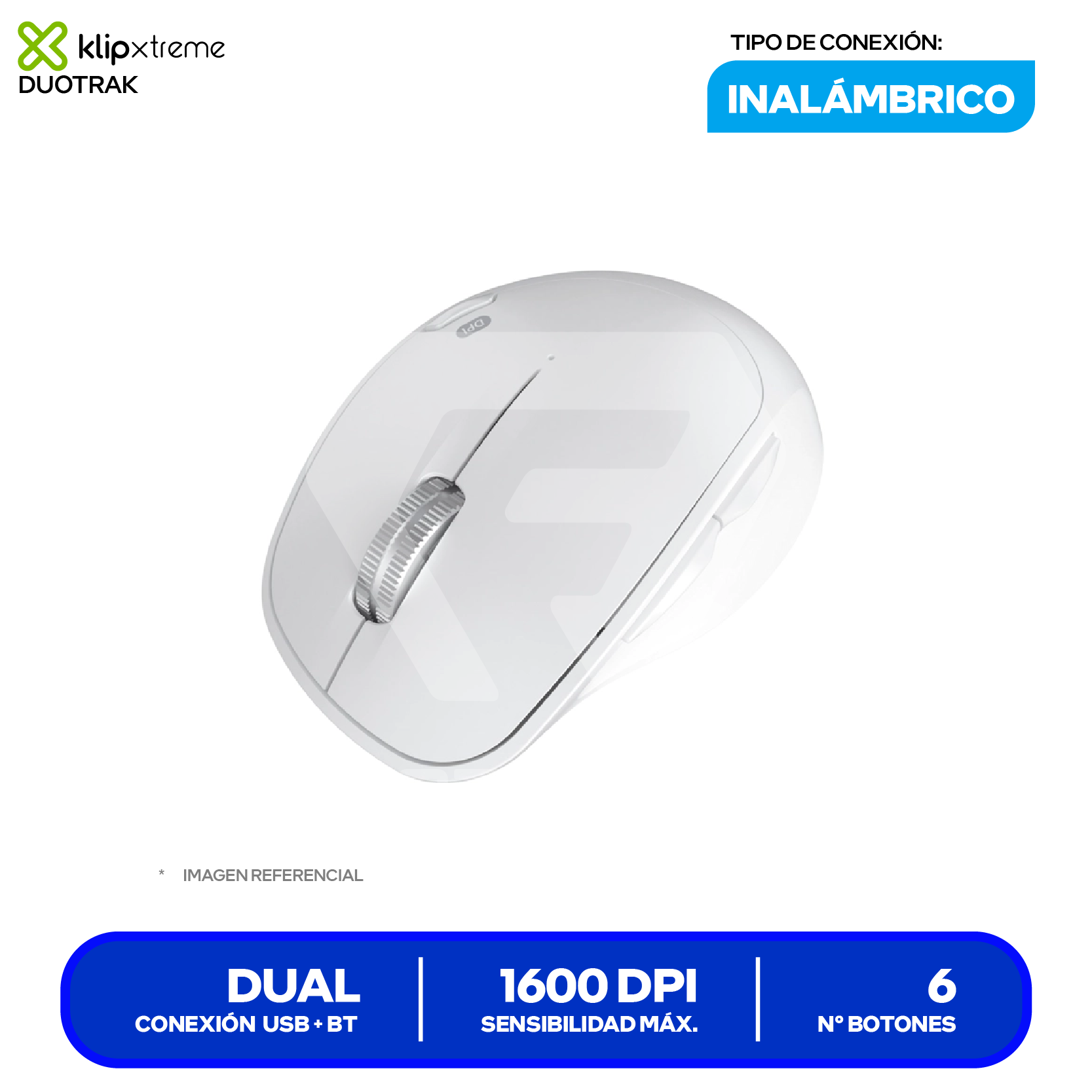 Mouse Inalámbrico Klip Xtreme Duotrak ( KMB-501WH ) Blanco 1600 DPI