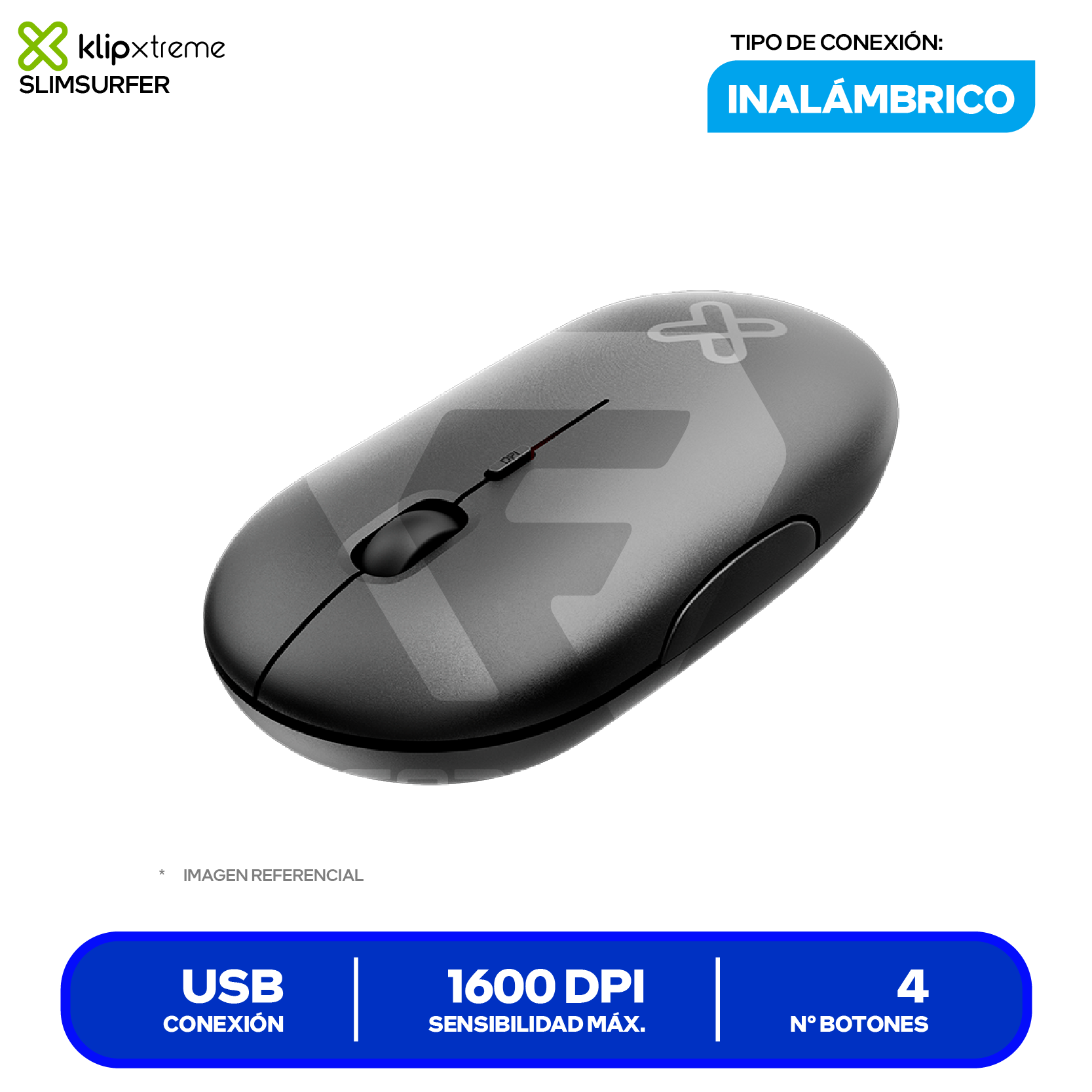 Mouse Inalámbrico Klip Xtreme SlimSurfer ( KMW-415BK ) Negro 1600 DPI