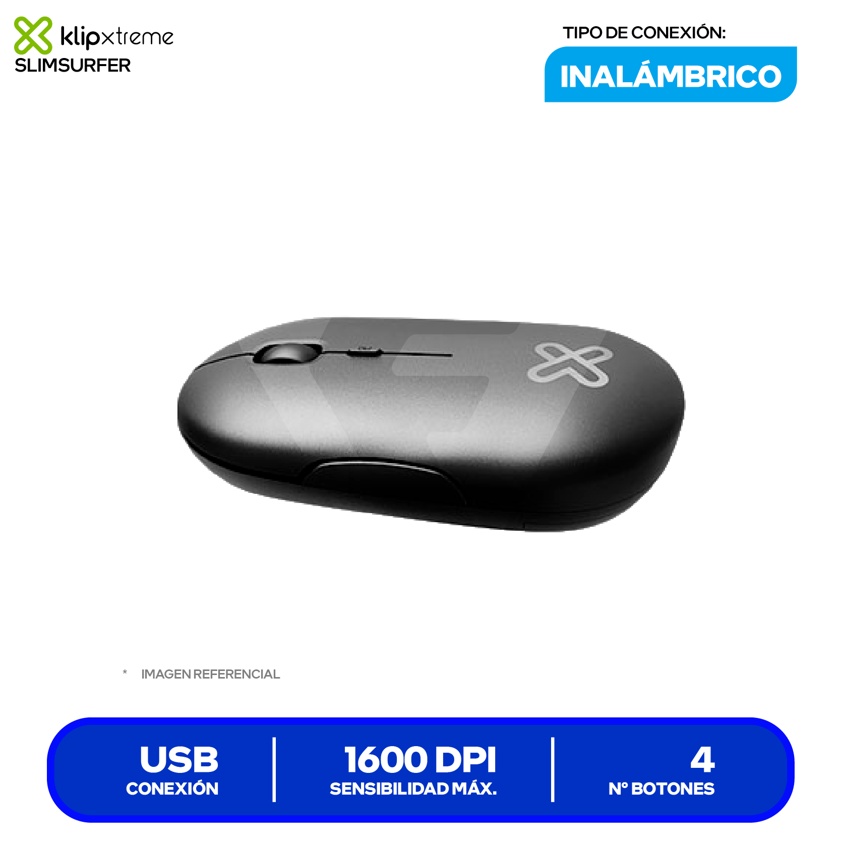 Mouse Inalámbrico Klip Xtreme SlimSurfer ( KMW-415BK ) Negro 1600 DPI