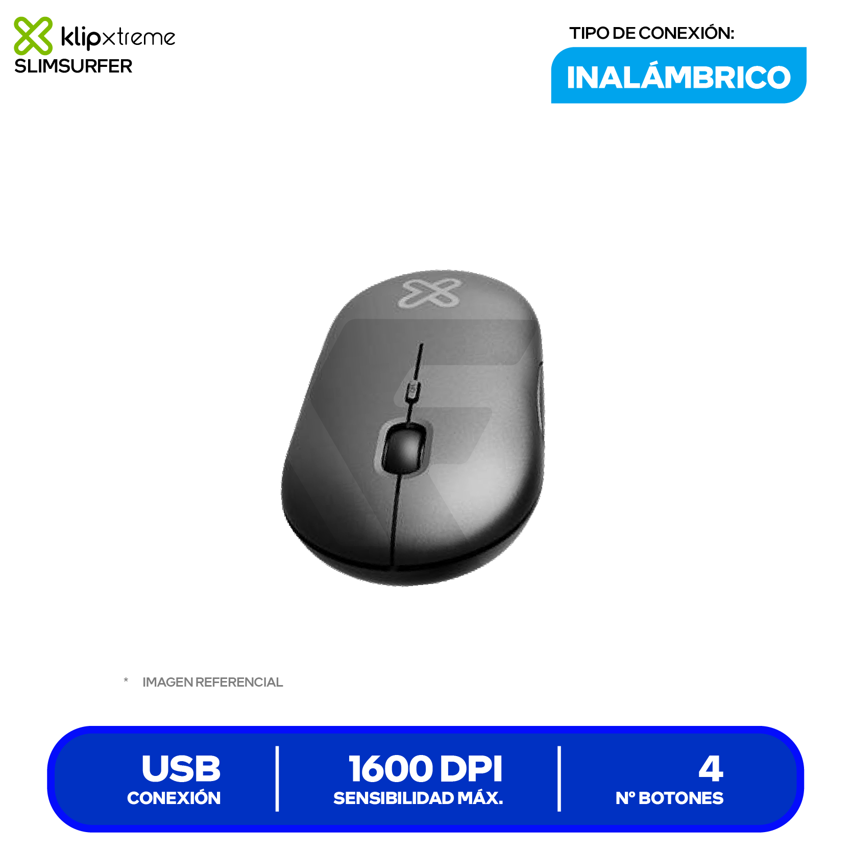 Mouse Inalámbrico Klip Xtreme SlimSurfer ( KMW-415BK ) Negro 1600 DPI