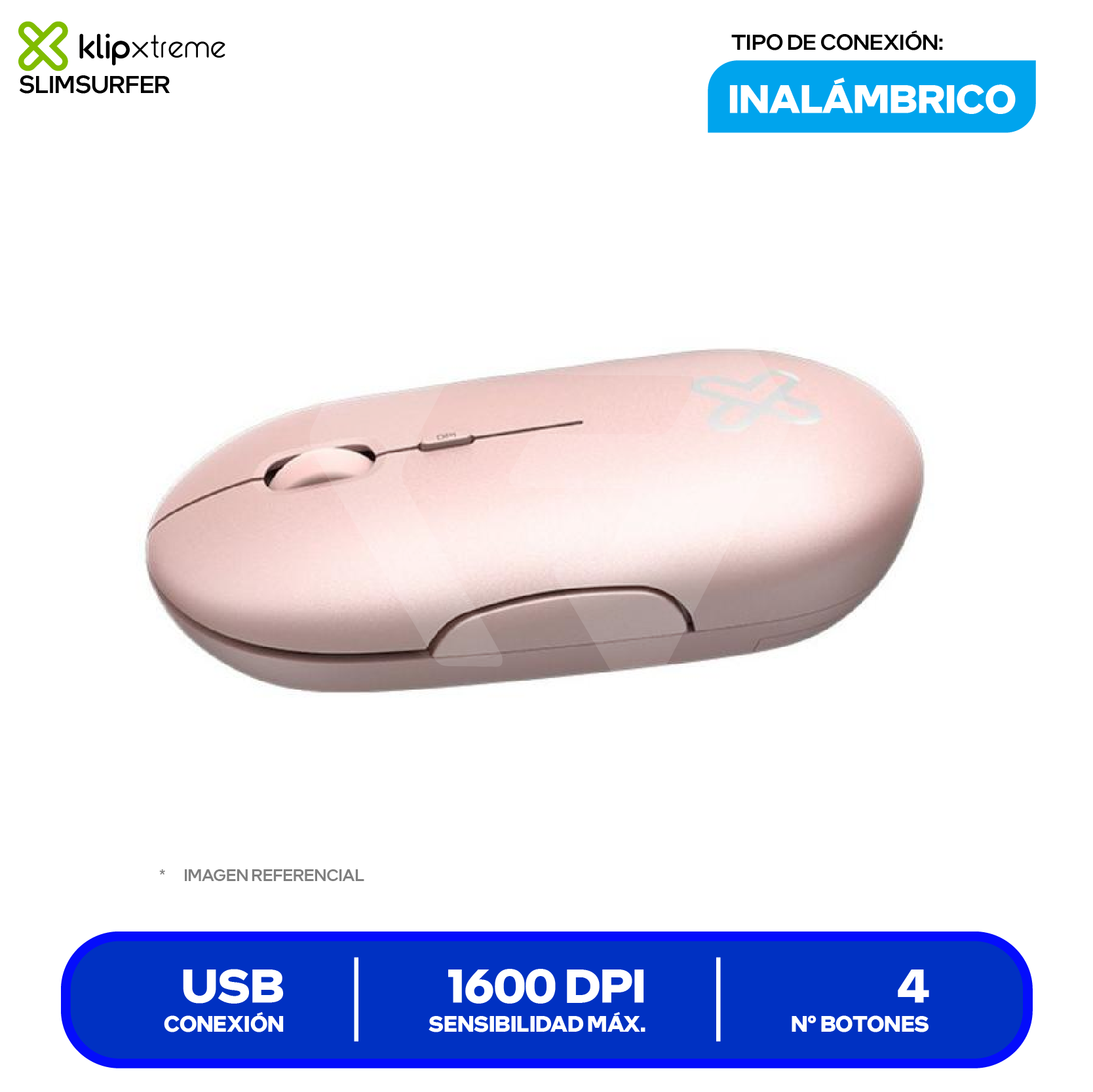 Mouse Inalámbrico Klip Xtreme SlimSurfer ( KMW-415PK ) Rosa 1600 DPI