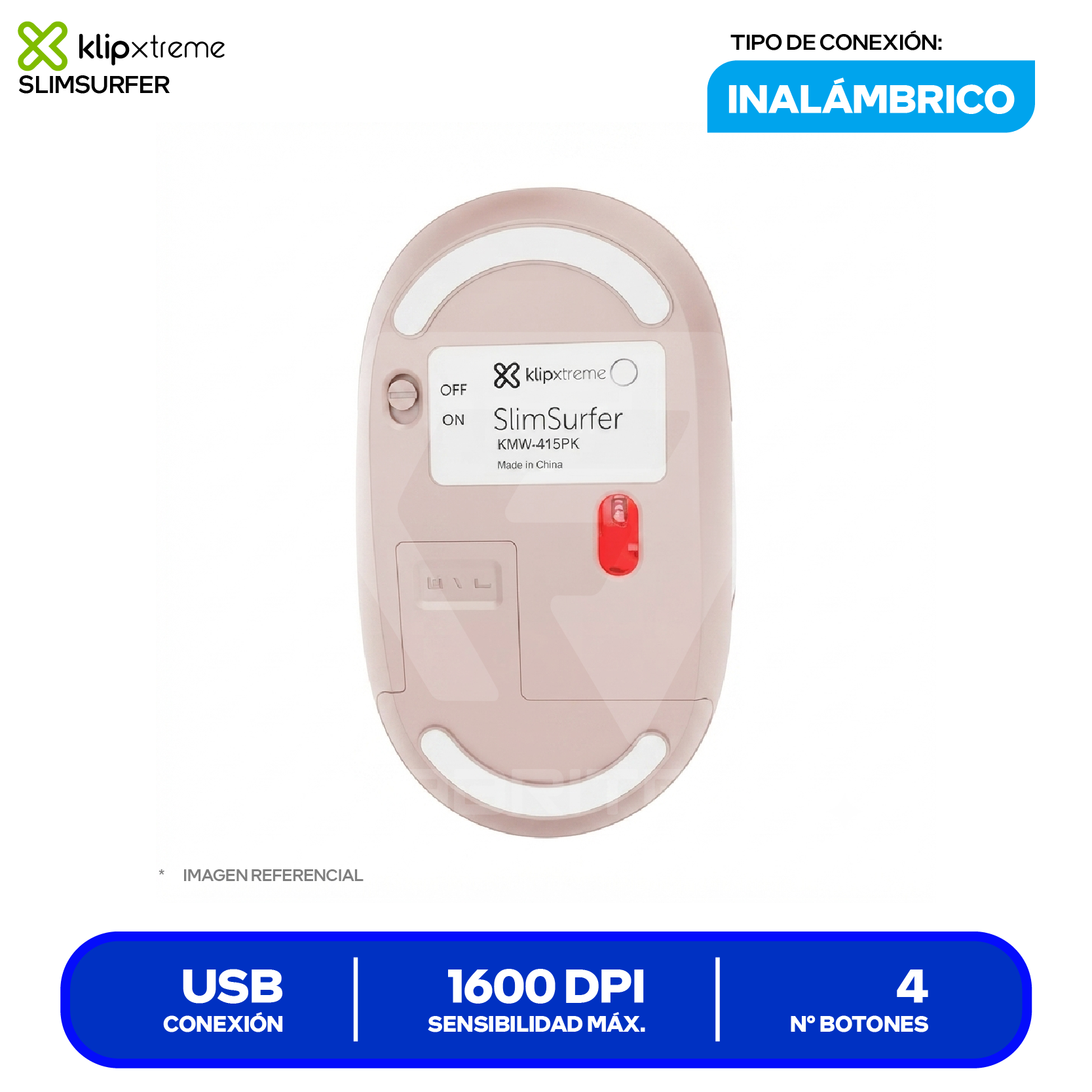 Mouse Inalámbrico Klip Xtreme SlimSurfer ( KMW-415PK ) Rosa 1600 DPI