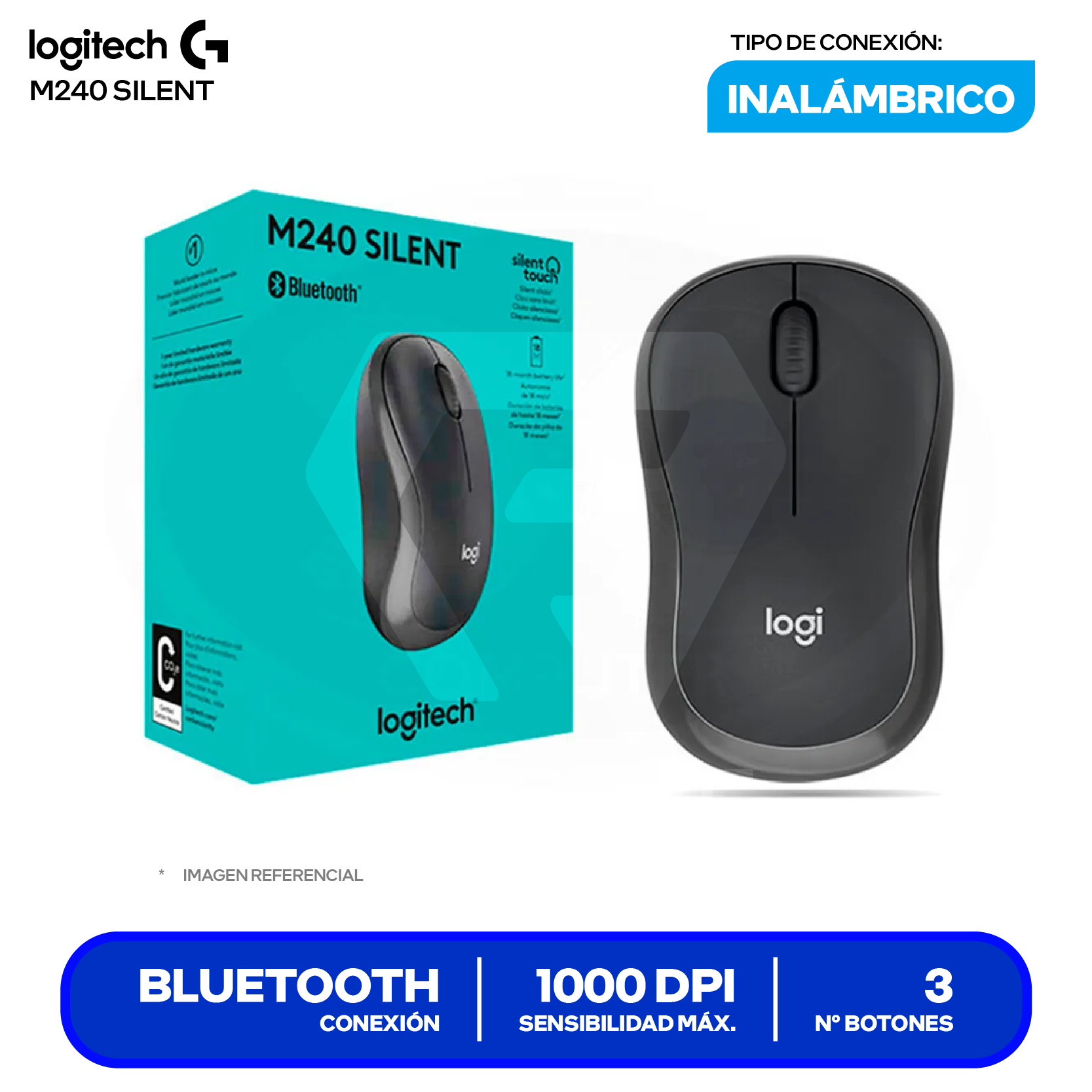 Mouse Bluetooth Logitech M240 Silent ( 910-007113 ) Negro 1000 DPI
