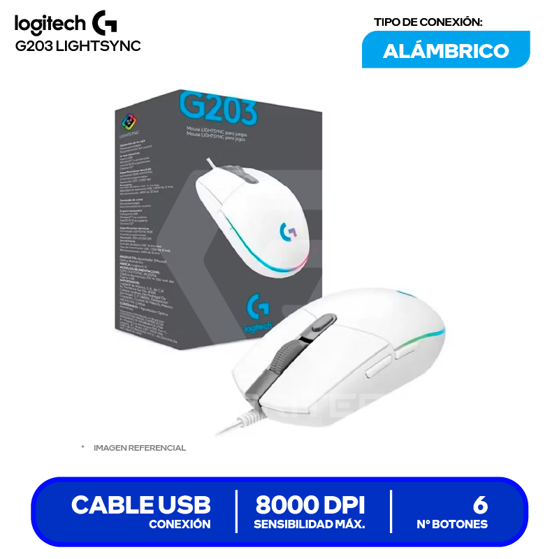 Mouse Alámbrico Logitech G203 Lightsync ( 910-005791 ) Blanco 8000 DPI