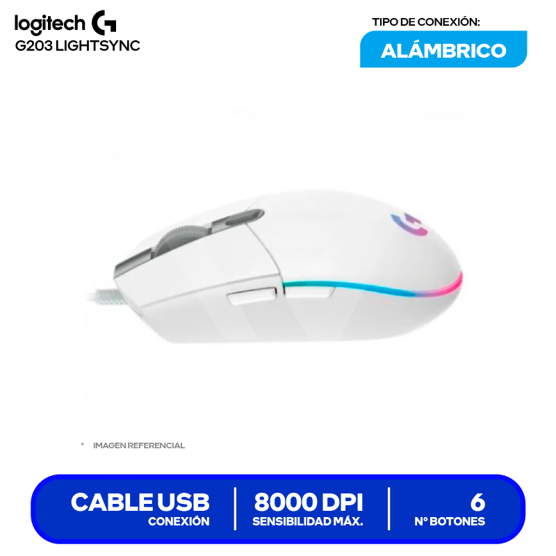 Mouse Alámbrico Logitech G203 Lightsync ( 910-005791 ) Blanco 8000 DPI