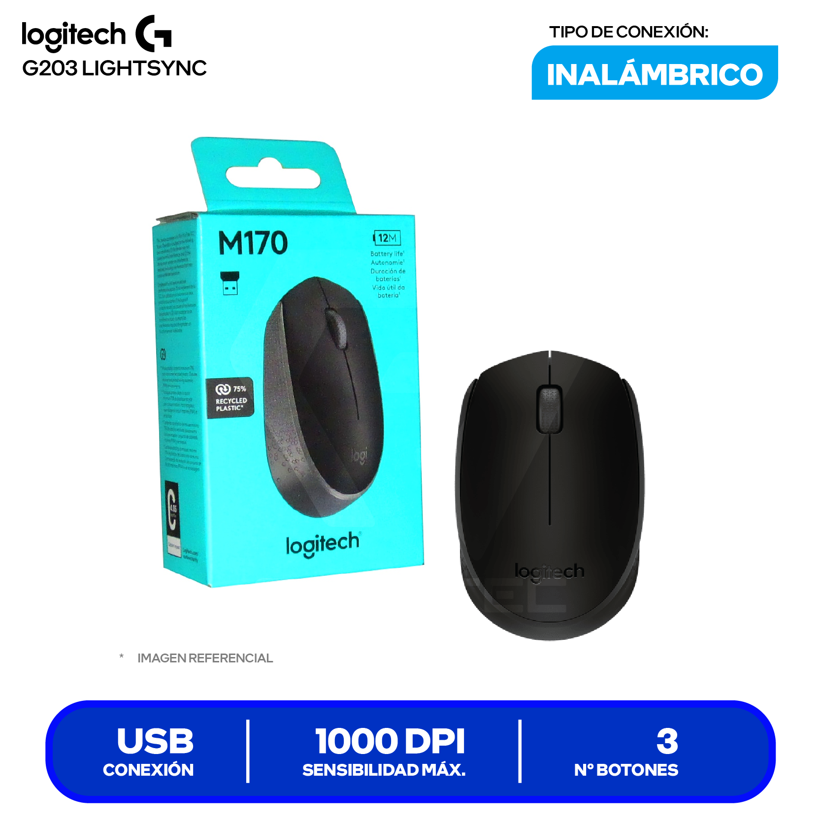 Mouse Inalámbrico Logitech M170 ( 910-004940 )  Negro 1000 DPI