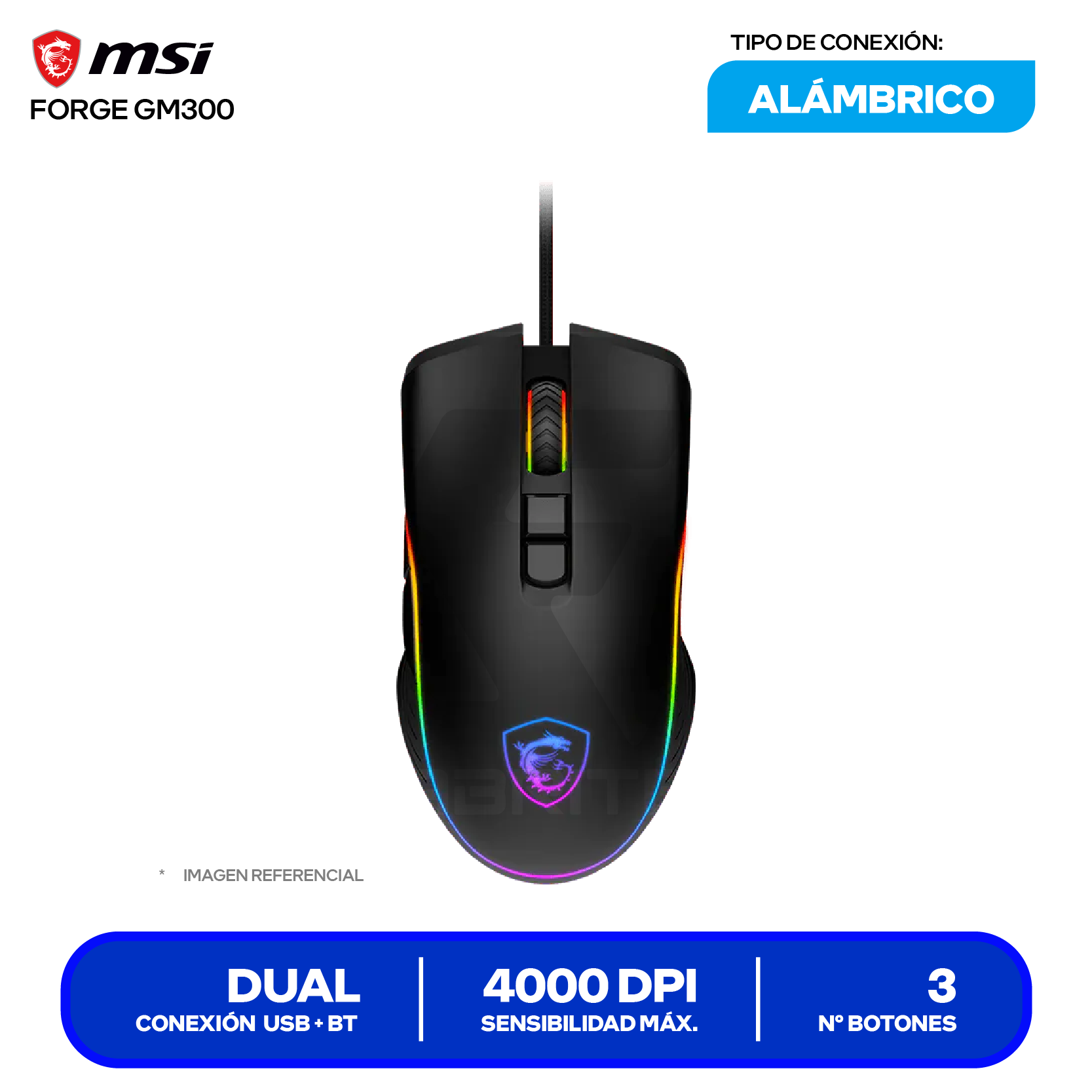 Mouse Gamer MSI Forge GM300 ( FORGE GM300 ) Negro 7200 DPI