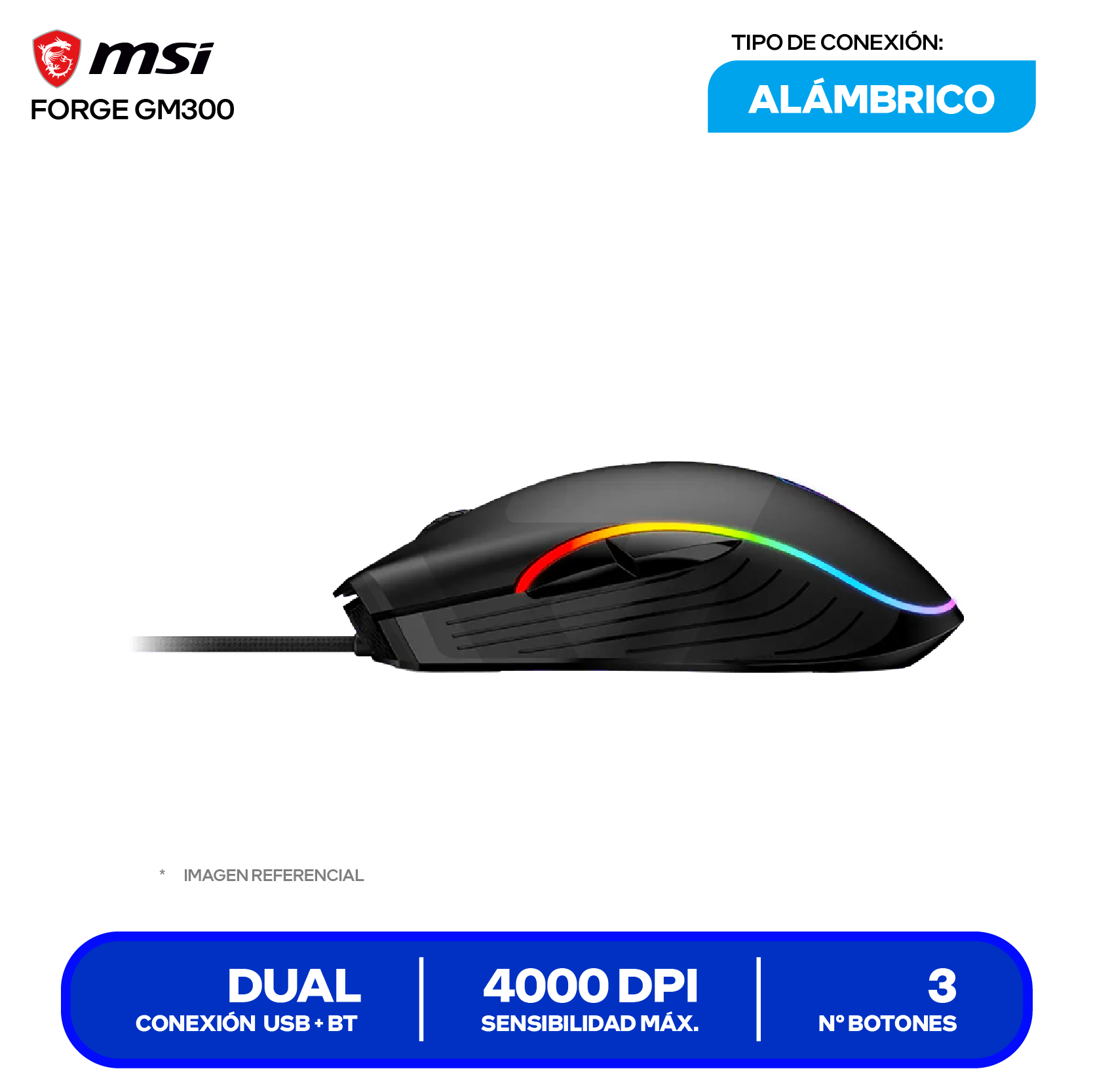 Mouse Gamer MSI Forge GM300 ( FORGE GM300 ) Negro 7200 DPI