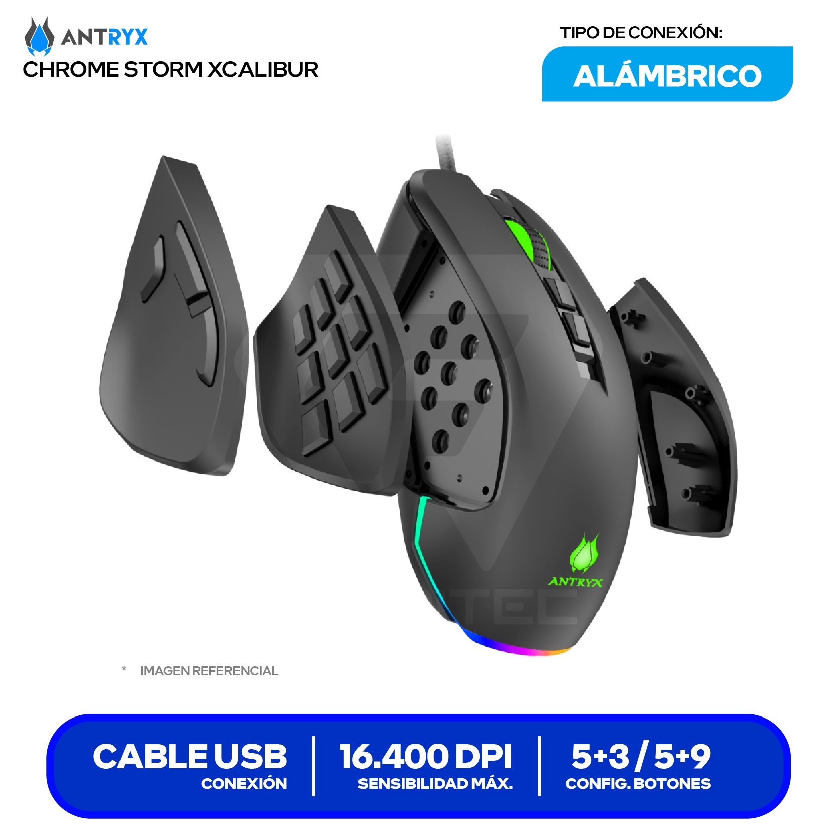 Mouse Gamer Antryx Chrome Storm Xcalibur (AGM-CS7500K) Negro 16.400 DPI
