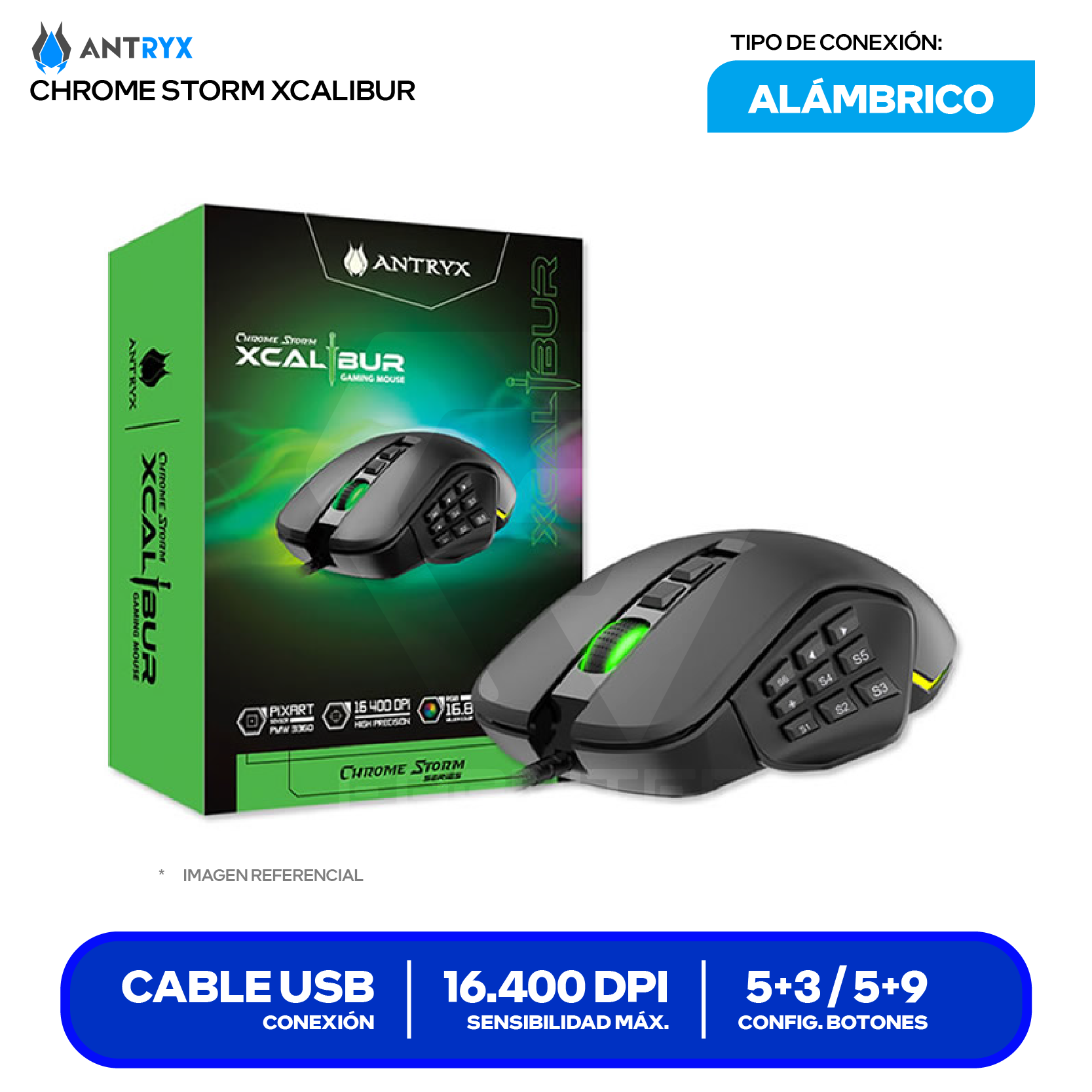 Mouse Gamer Antryx Chrome Storm Xcalibur (AGM-CS7500K) Negro 16.400 DPI
