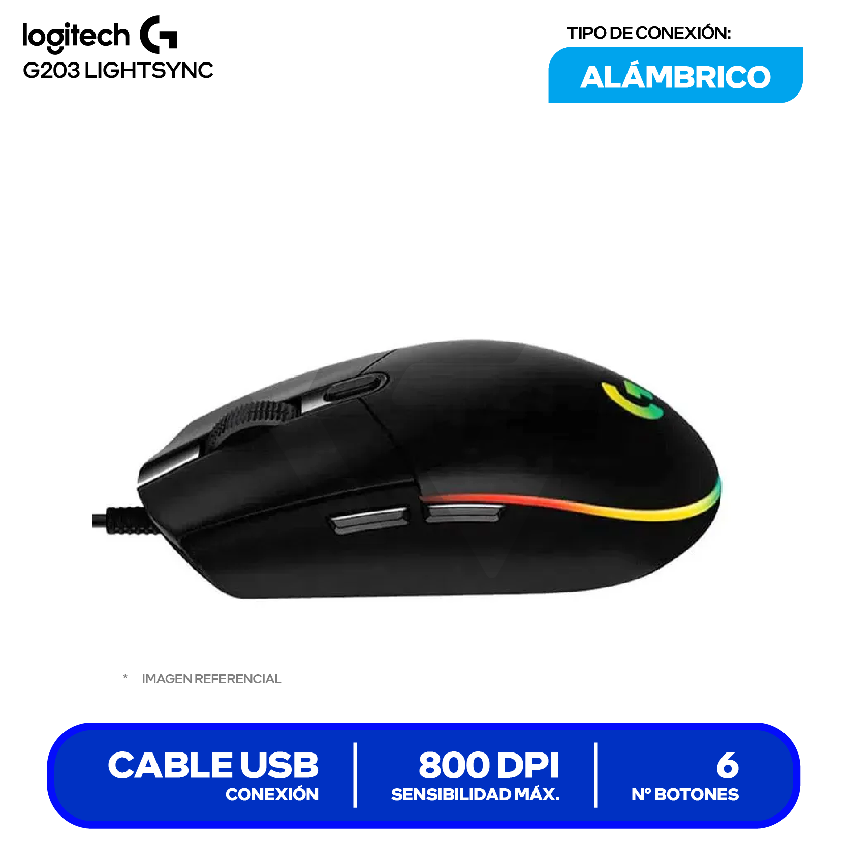 Mouse Gamer Logitech G203 Lighsync ( 910-005790 )  Negro 8000 DPI