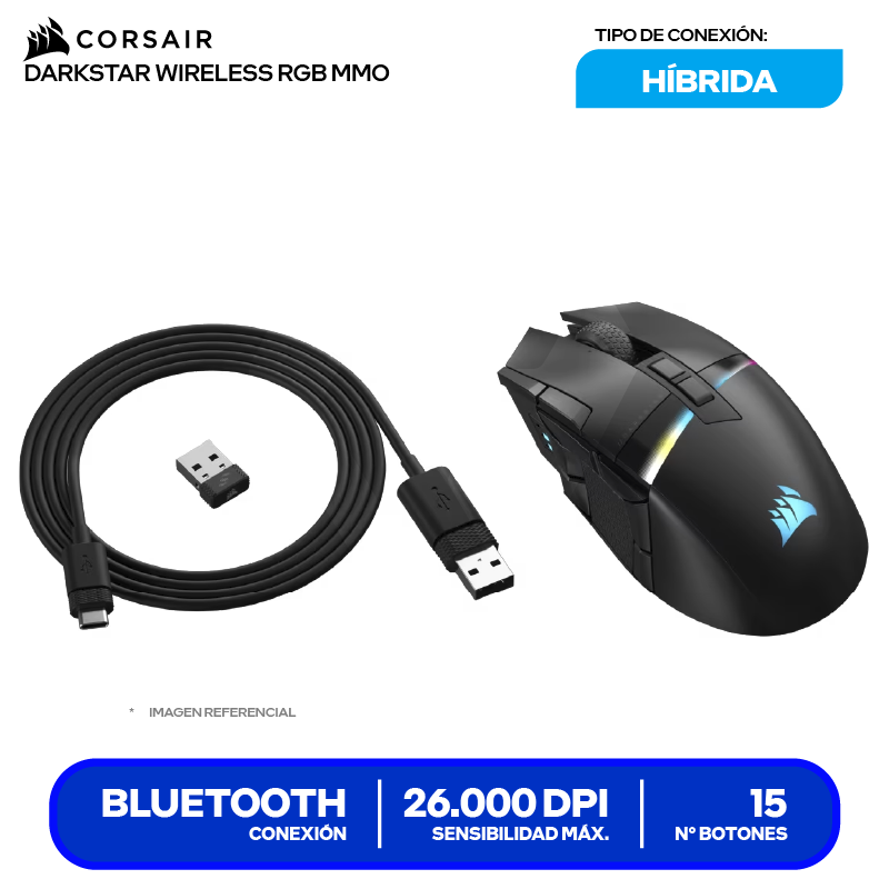 Mouse Gamer Inalámbrico Corsair Darkstar (CH-931A011-NA) Negro 26K DPI