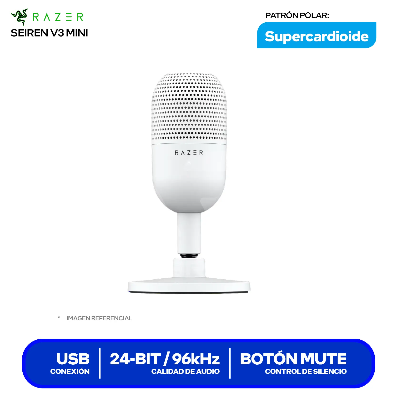Micrófono Razer Seiren V3 Mini Blanco (10MAB9901-COD24003) USB