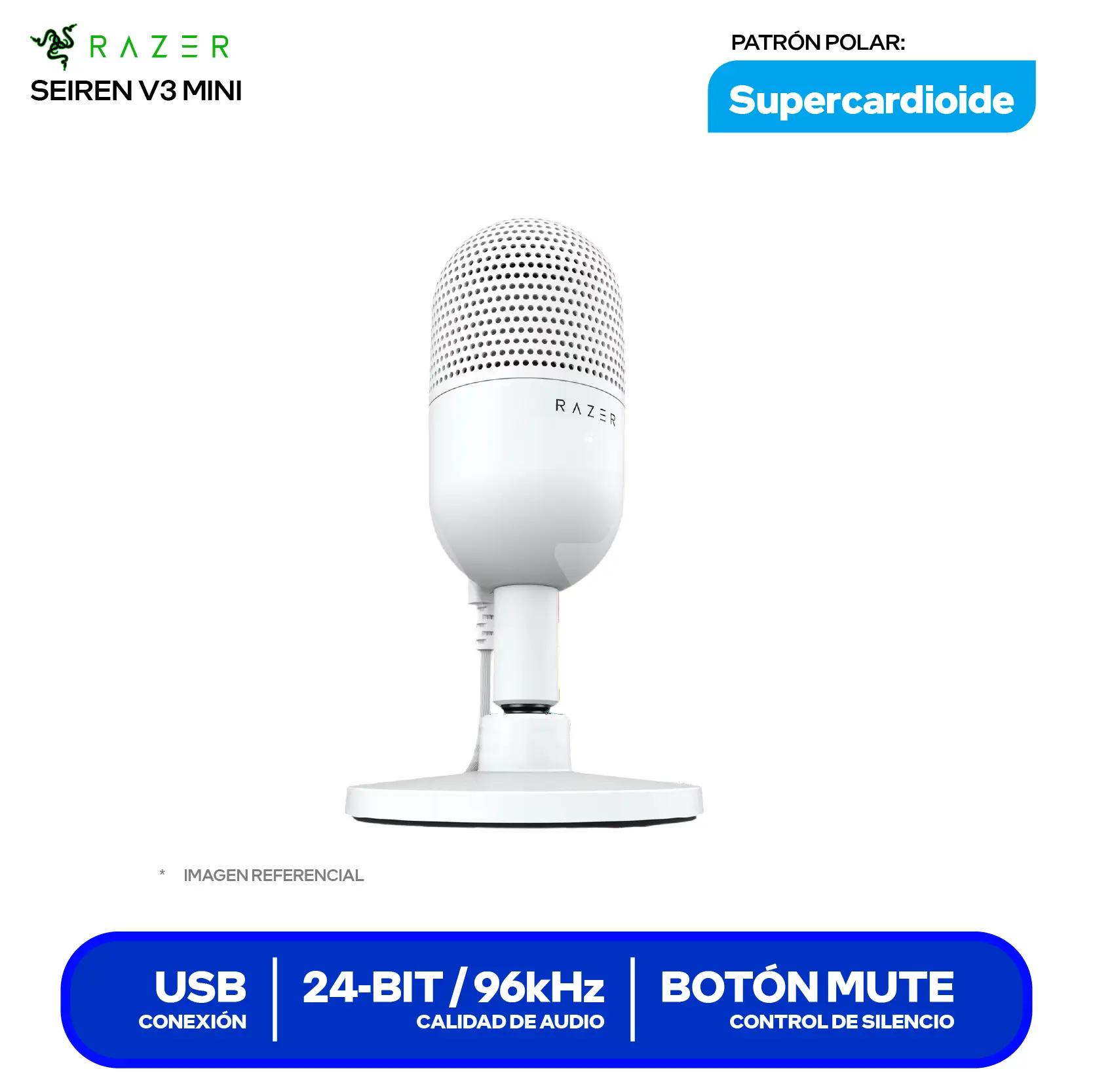 Micrófono Razer Seiren V3 Mini Blanco (10MAB9901-COD24003) USB