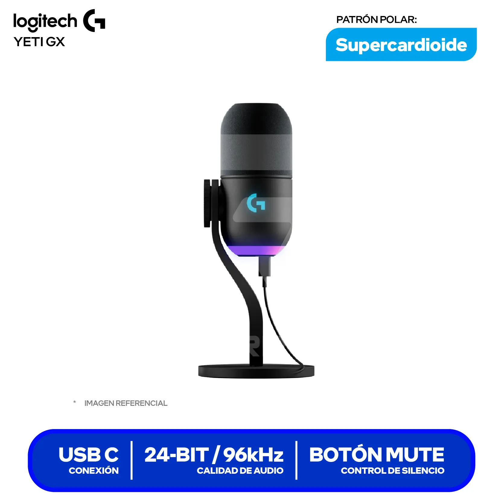 Micrófono Logitech G Yeti GX Negro (10MAB9901-COD24003) USB, RGB