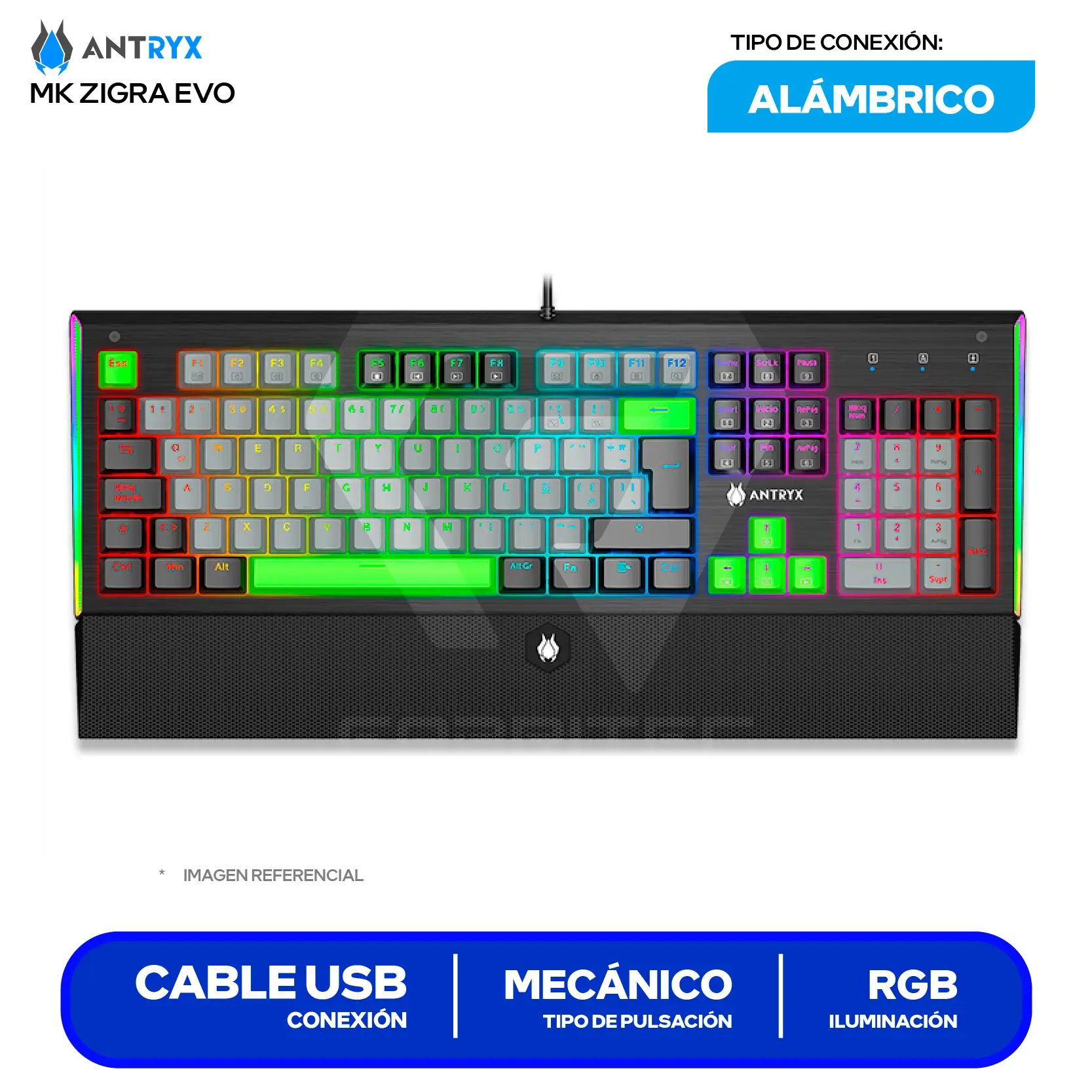 Teclado Gamer Antryx MK Zigra EVO ( AMK-900KR1BL-SP ) Switch  Blue, Mecánico RGB