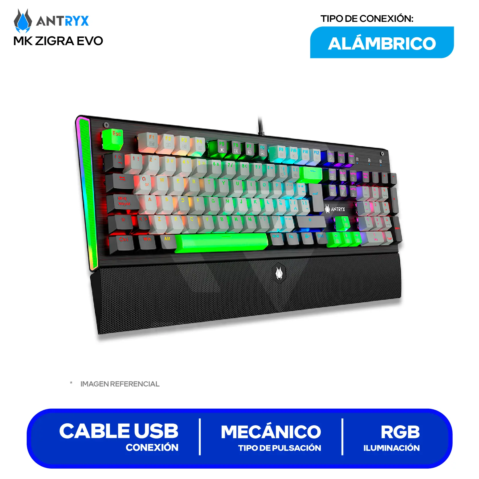 Teclado Gamer Antryx MK Zigra EVO ( AMK-900KR1BL-SP ) Switch  Blue, Mecánico RGB