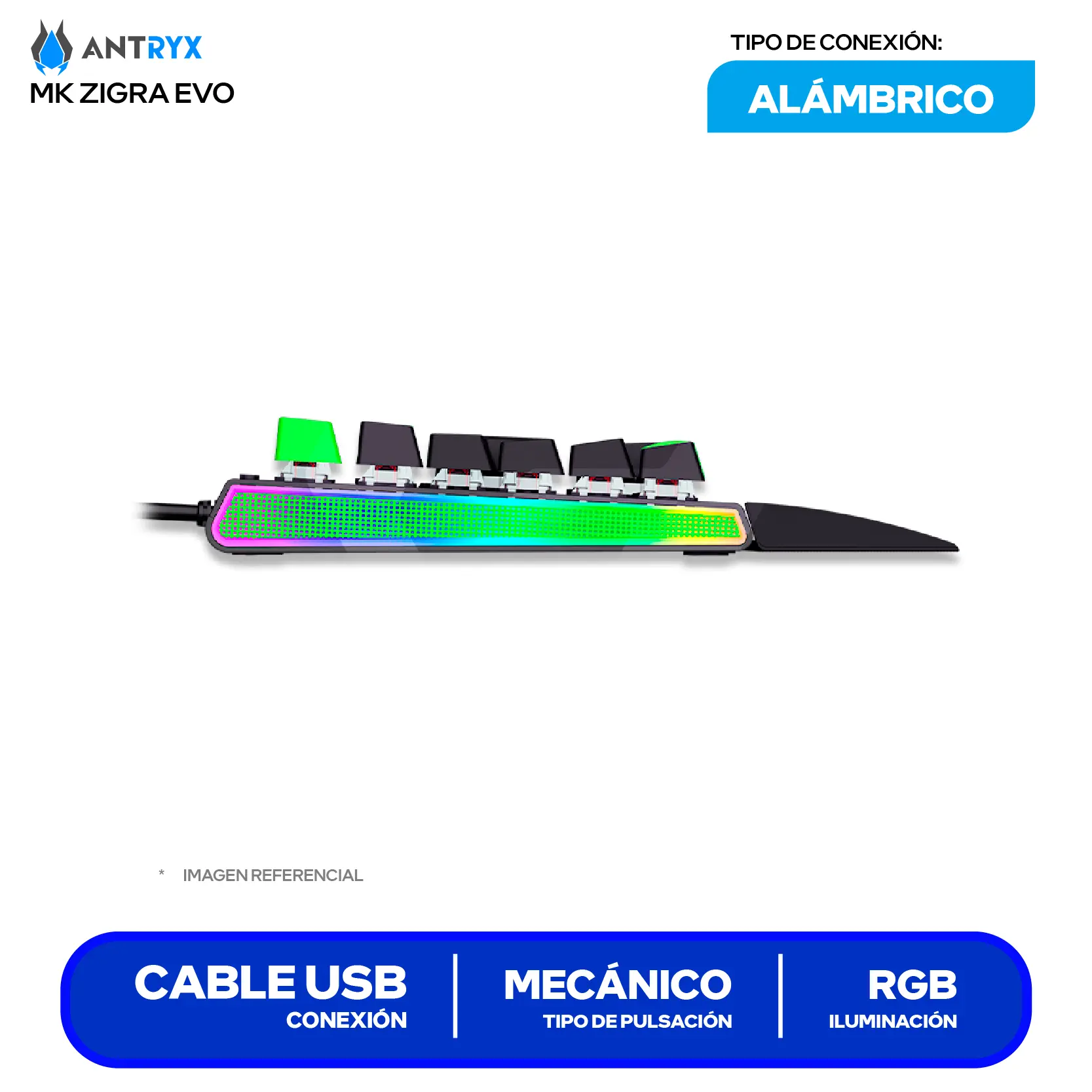 Teclado Gamer Antryx MK Zigra EVO ( AMK-900KR1BL-SP ) Switch  Blue, Mecánico RGB