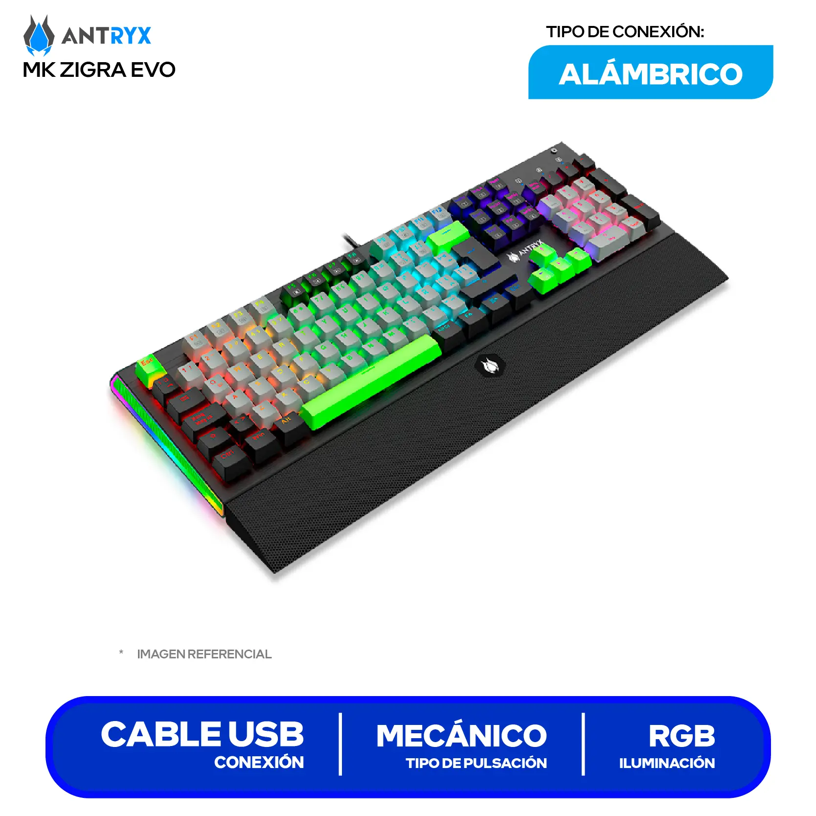 Teclado Gamer Antryx MK Zigra EVO ( AMK-900KR1BL-SP ) Switch  Blue, Mecánico RGB
