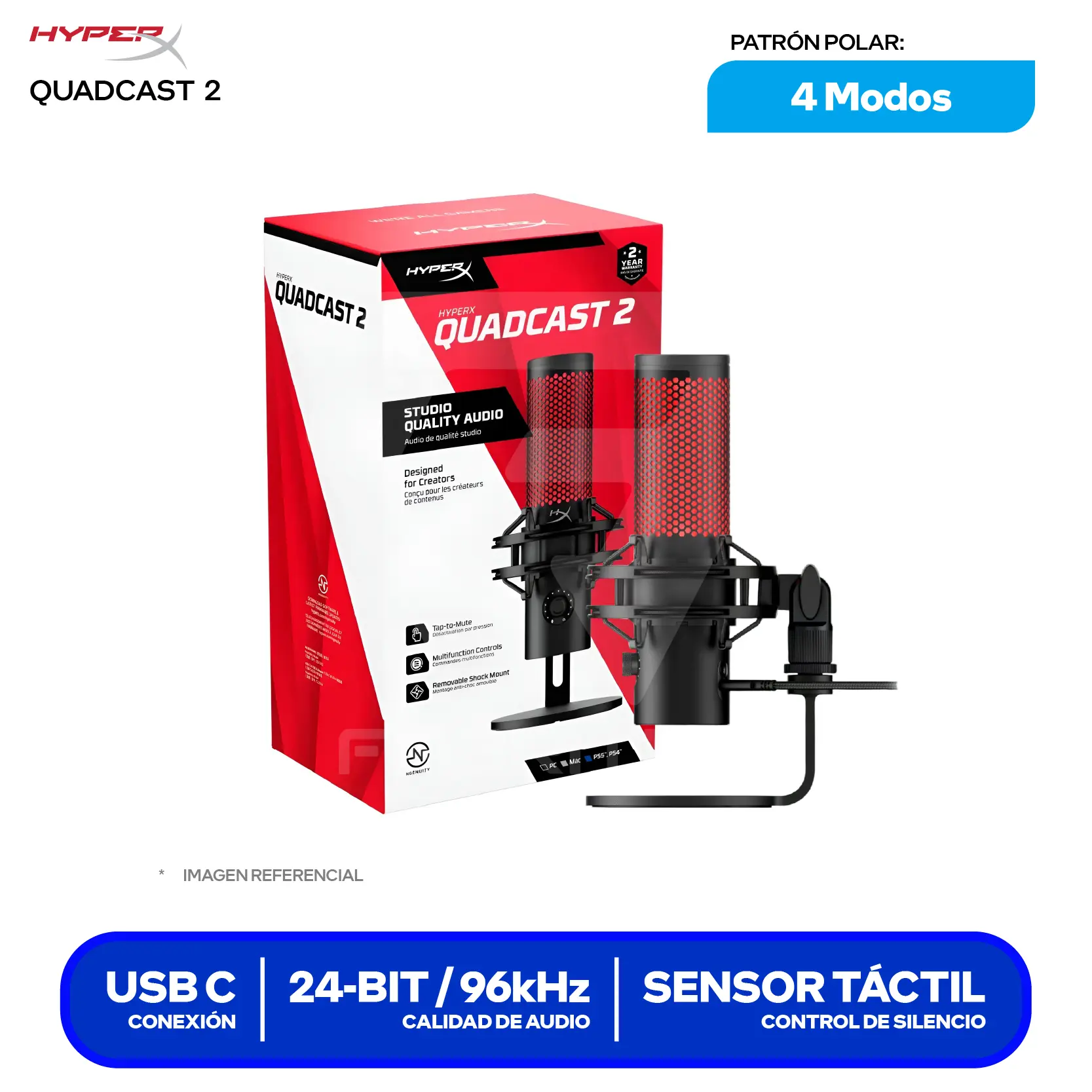 Micrófono HyperX QuadCast 2 Negro/Rojo (872V1AA) USB-C