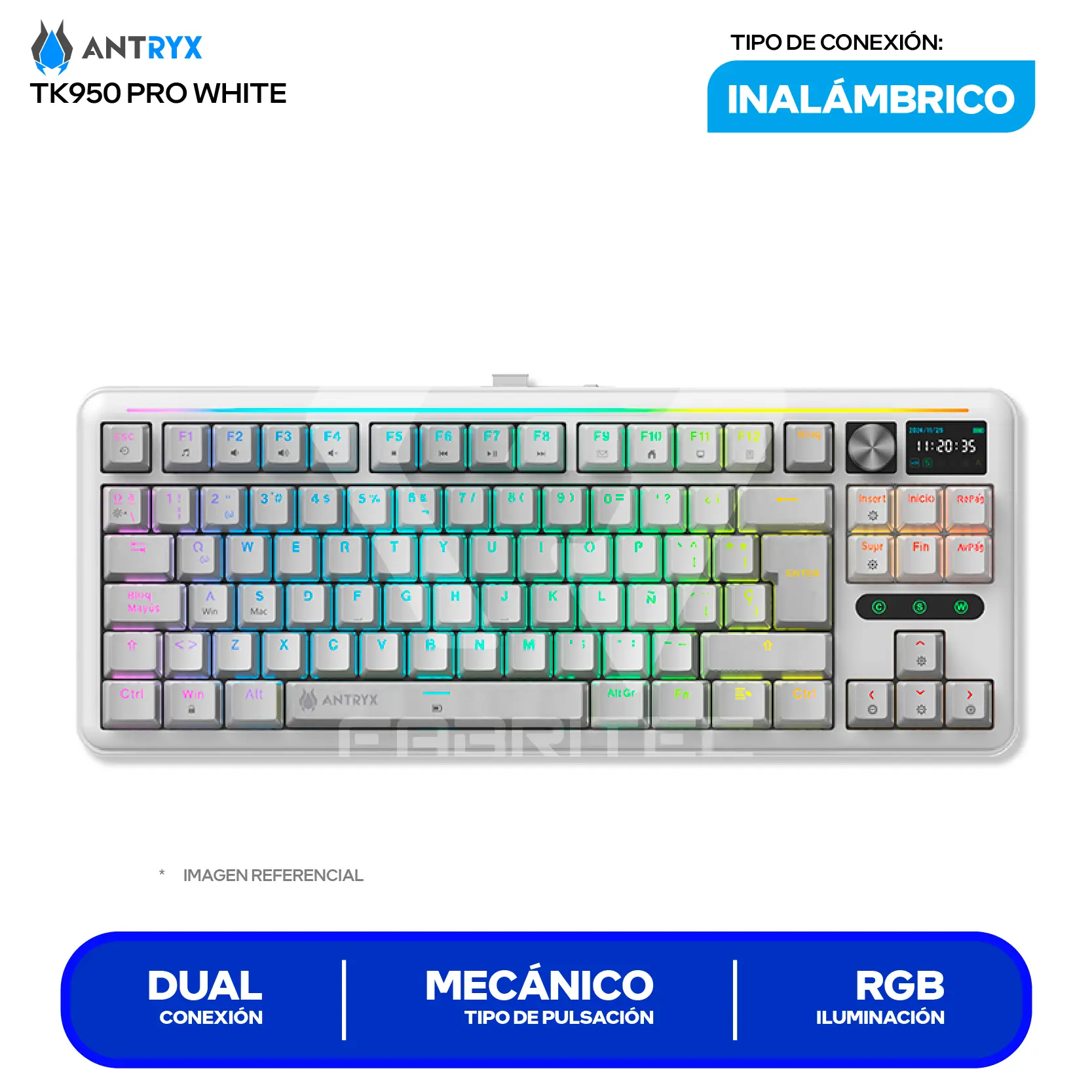 Teclado Gamer Inalámbrico Antryx TK950 PRO WHITE ( ATK-950PWGBL-SP ) Switch Blue, Mecánico