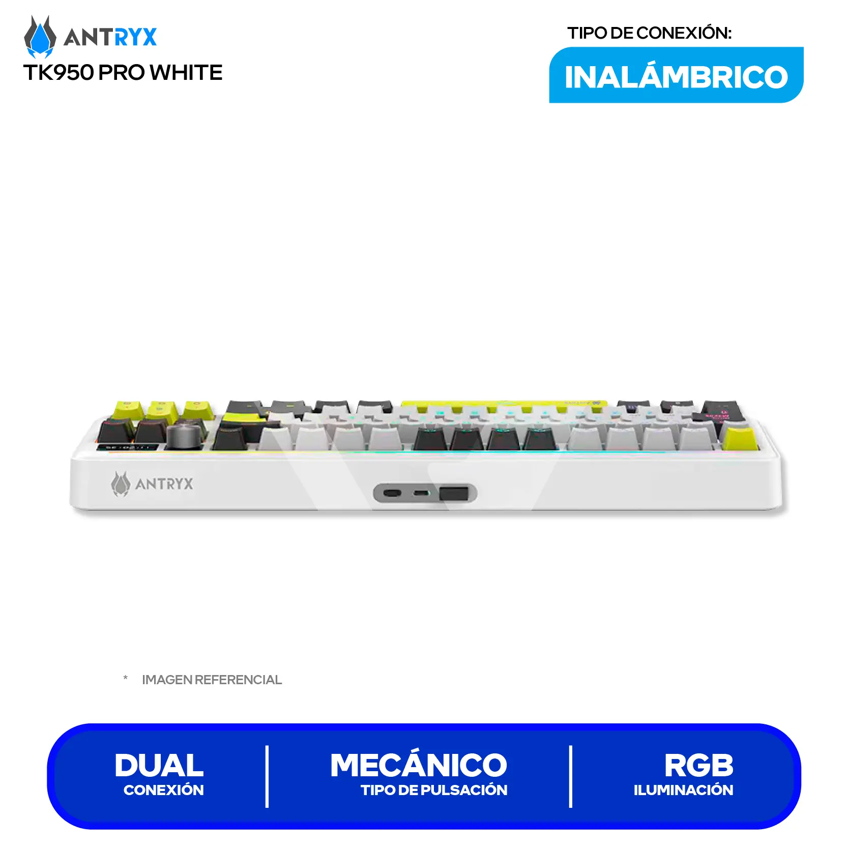 Teclado Gamer Inalámbrico Antryx TK950 PRO WHITE ( ATK-950PWGBL-SP ) Switch Blue, Mecánico