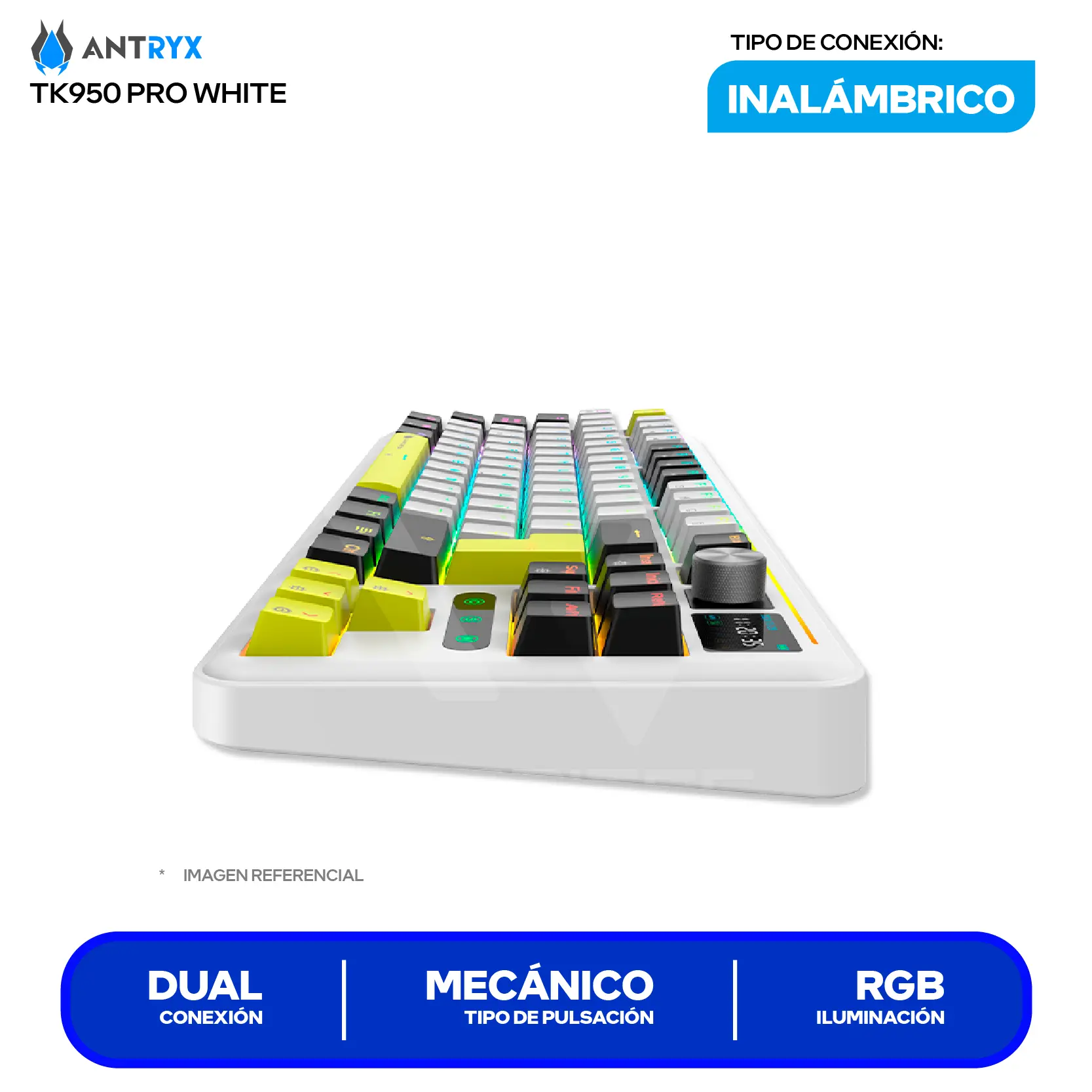 Teclado Gamer Inalámbrico Antryx TK950 PRO WHITE ( ATK-950PWGBL-SP ) Switch Blue, Mecánico