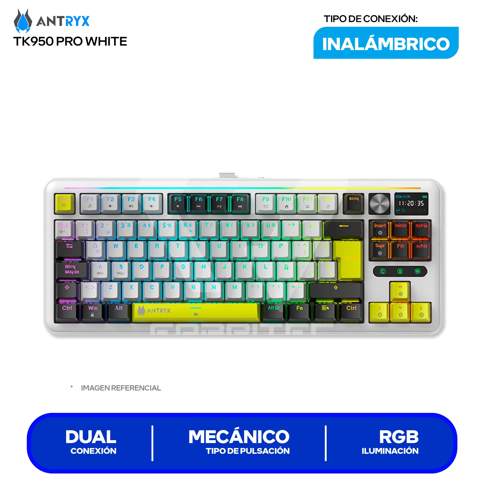 Teclado Gamer Inalámbrico Antryx TK950 PRO WHITE ( ATK-950PWGBL-SP ) Switch Blue, Mecánico
