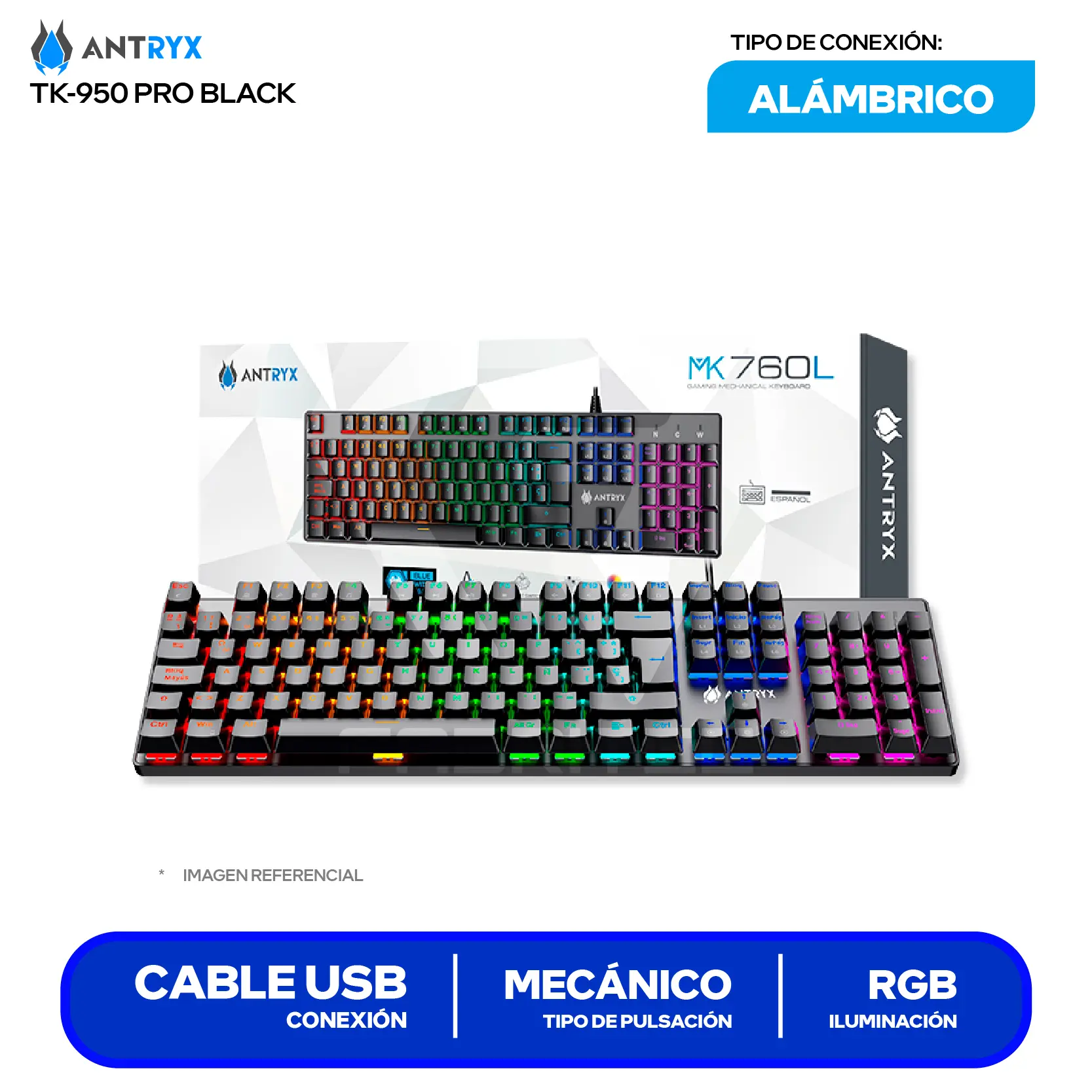 Teclado Gamer Antryx MK-760L Black ( AMK-760LKBL-SP ) Switch Blue, Mecánico RGB