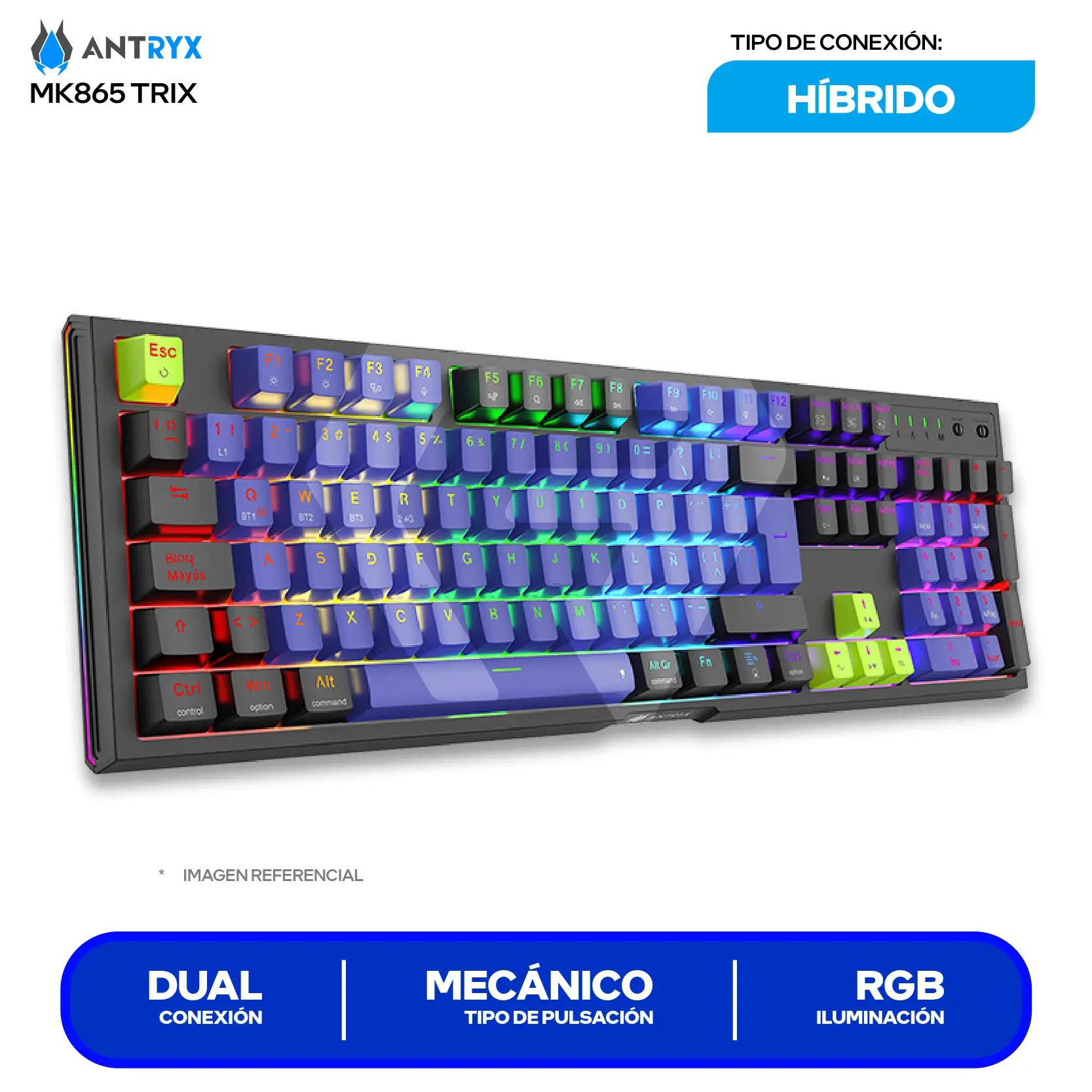 Teclado Gamer Inalámbrico Antryx MK-865 Trix Lila C/ Negro ( AMK-865TXKRE-SP ) Switch Red,  Mecánico RGB