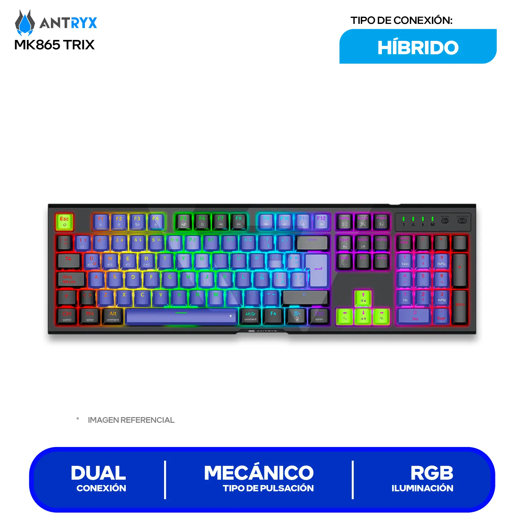 Teclado Gamer Inalámbrico Antryx MK-865 Trix Lila C/ Negro ( AMK-865TXKBL-SP ) Switch Blue, Mecánico RGB