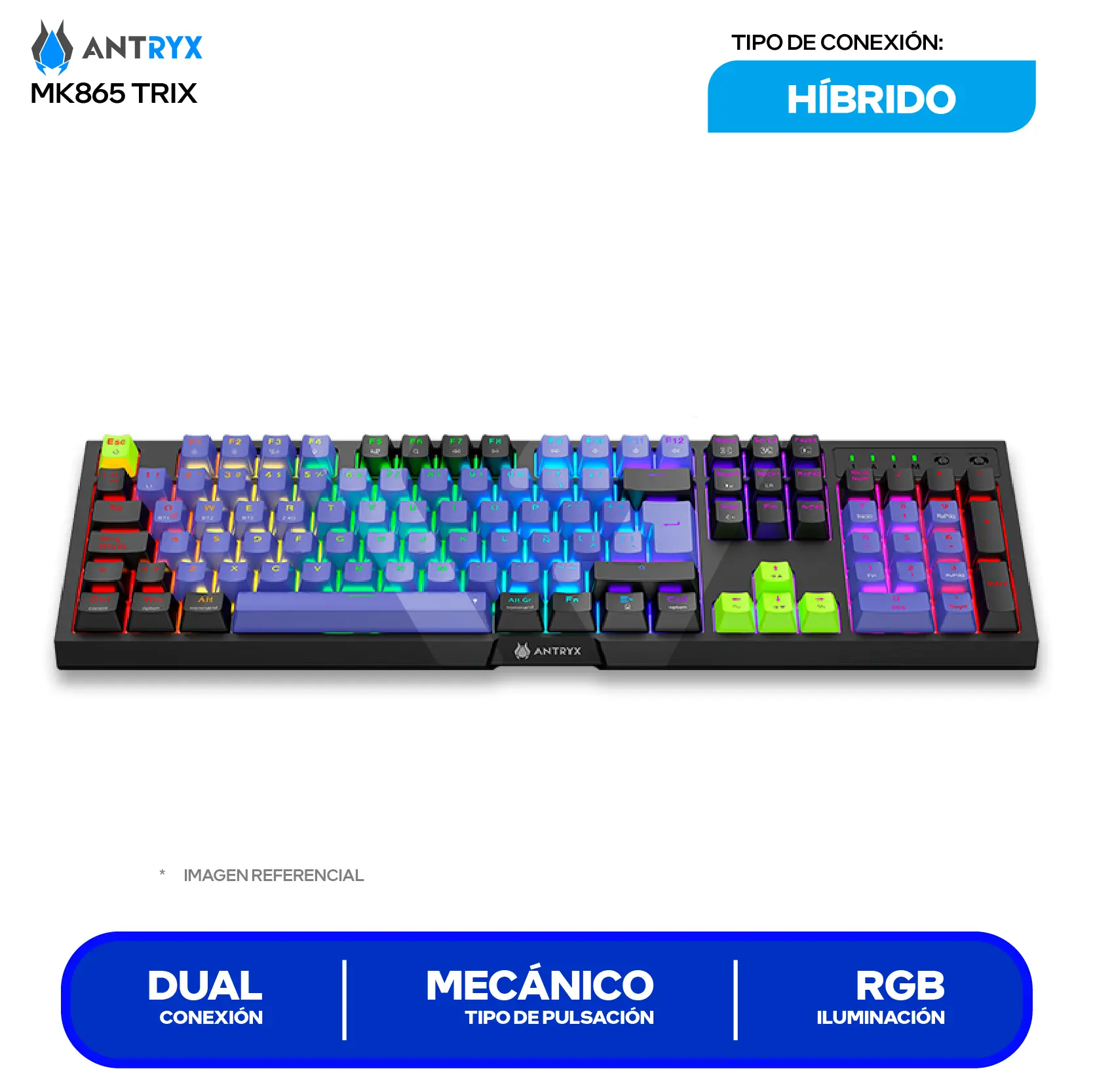 Teclado Gamer Inalámbrico Antryx MK-865 Trix Lila C/ Negro ( AMK-865TXKBL-SP ) Switch Blue, Mecánico RGB