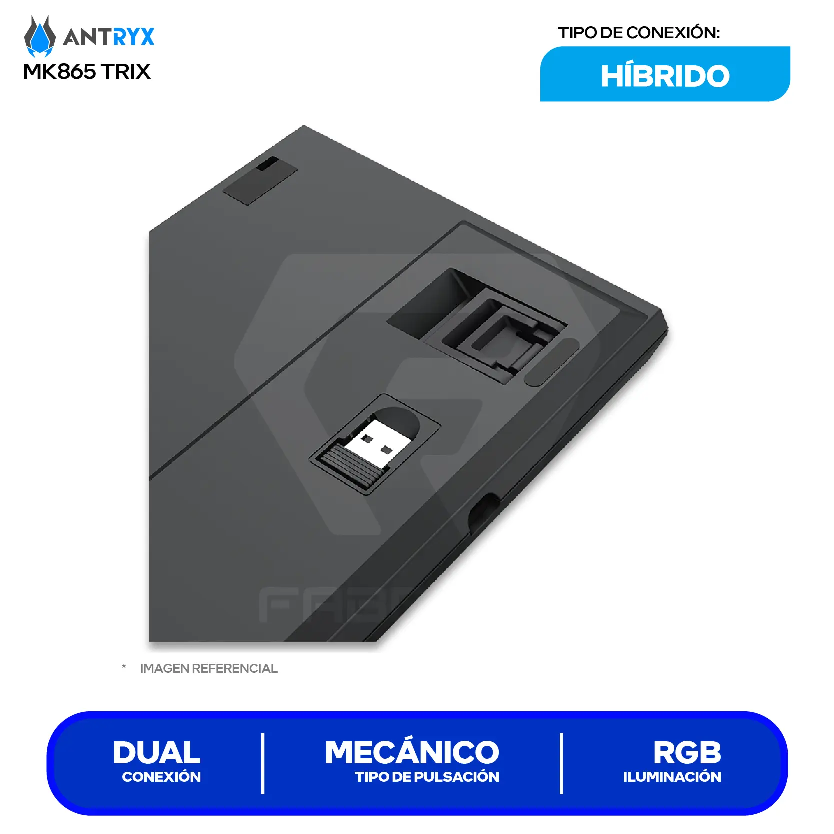 Teclado Gamer Inalámbrico Antryx MK-865 Trix Lila C/ Negro ( AMK-865TXKBL-SP ) Switch Blue, Mecánico RGB