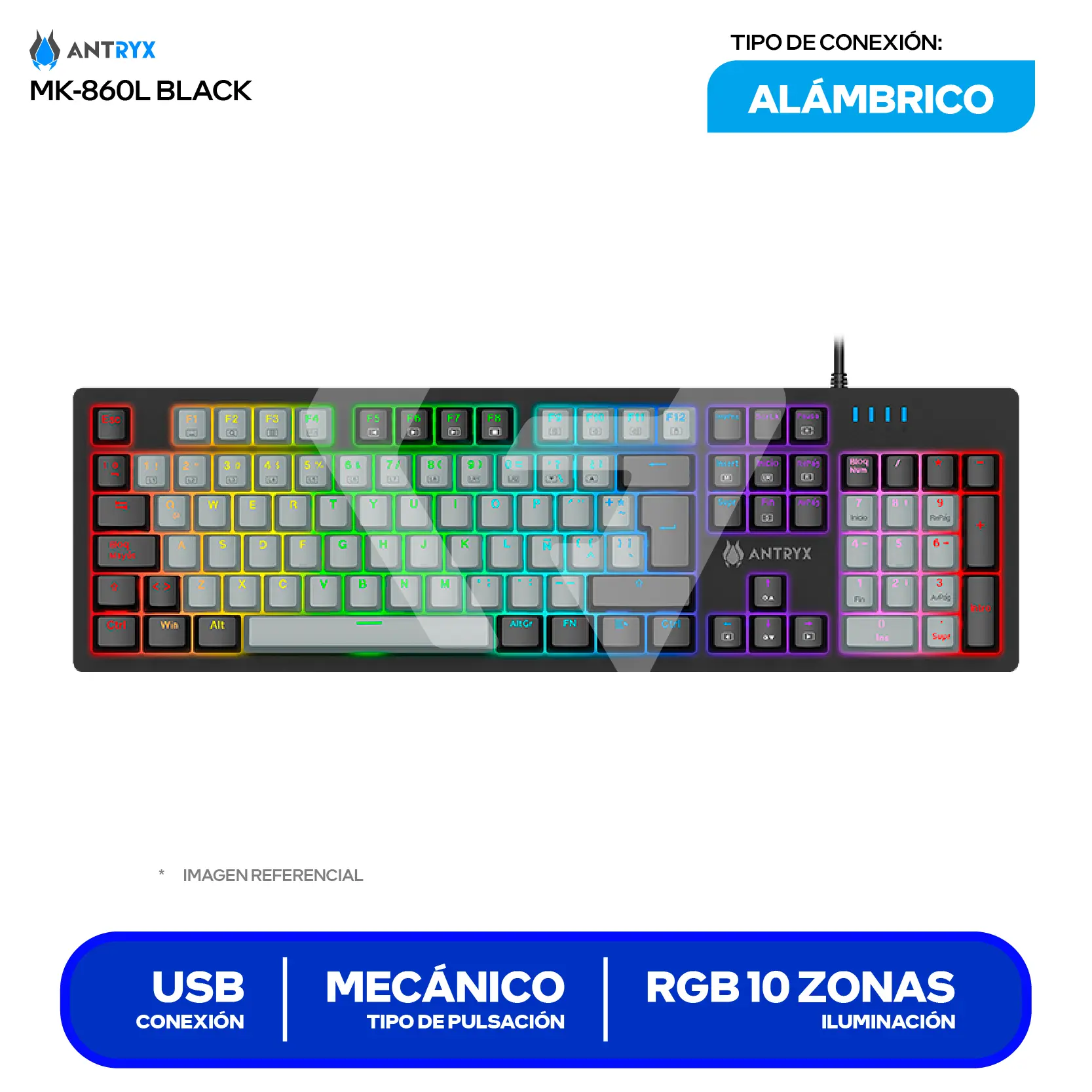Teclado Gamer Antryx MK-860L Negro (AMK-860LKGRER1-SP) Mecánico, RGB, Switch Red