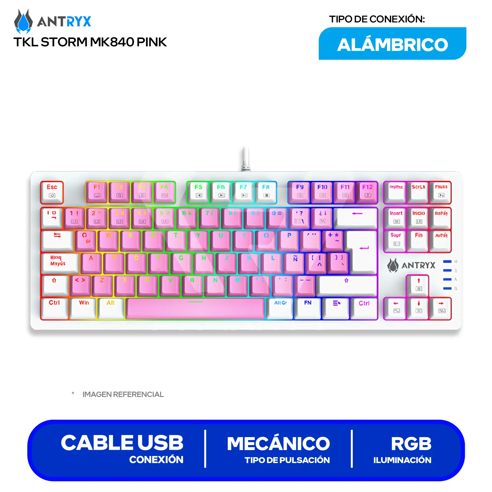 Teclado Gamer Antryx MK-840 Pink ( AMK-CS840PBL-SP ) Switch Red, Mecánico RGB