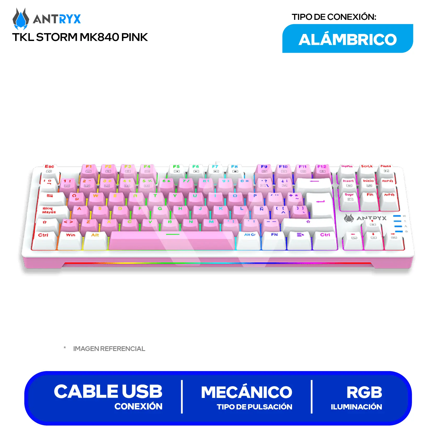 Teclado Gamer Antryx MK-840 Pink ( AMK-CS840PBL-SP ) Switch Red, Mecánico RGB