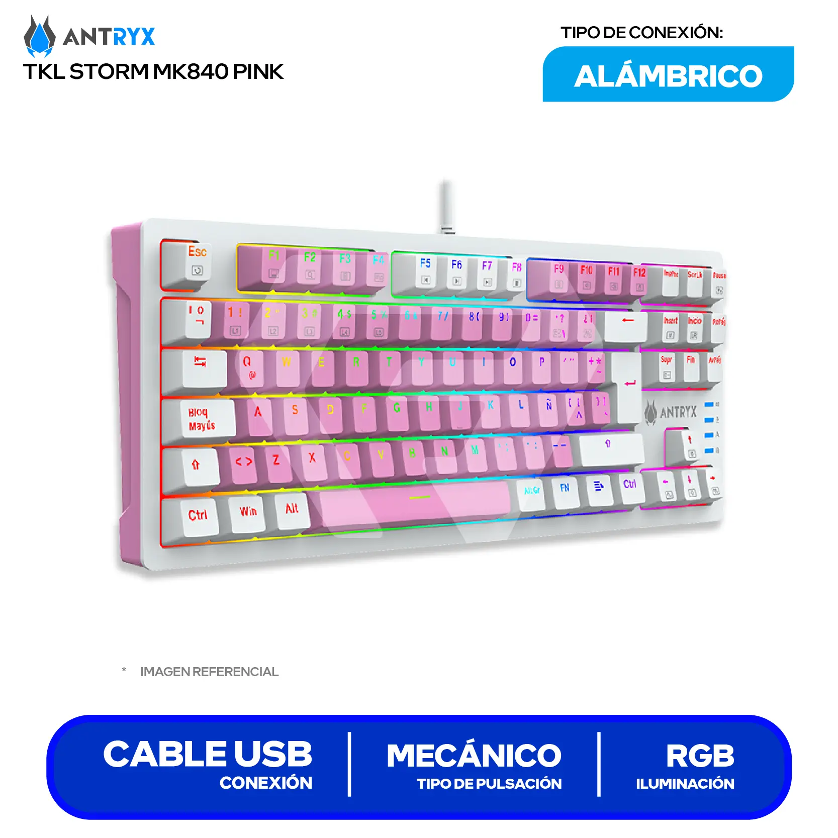 Teclado Gamer Antryx MK-840 Pink ( AMK-CS840PBL-SP ) Switch Red, Mecánico RGB