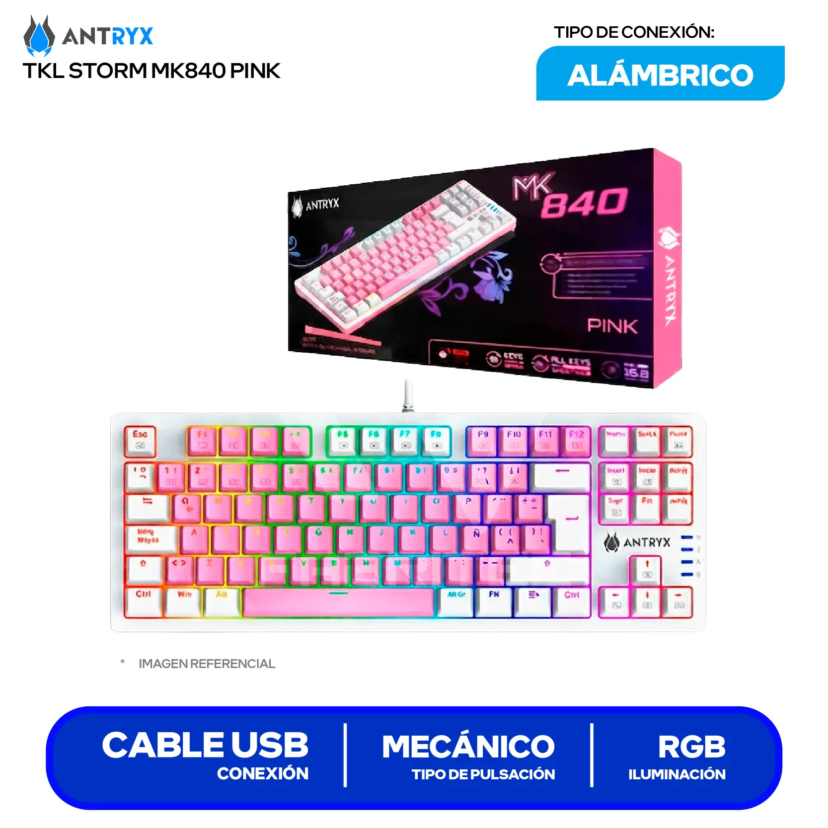 Teclado Gamer Antryx MK-840 Pink ( AMK-CS840PBL-SP ) Switch Red, Mecánico RGB
