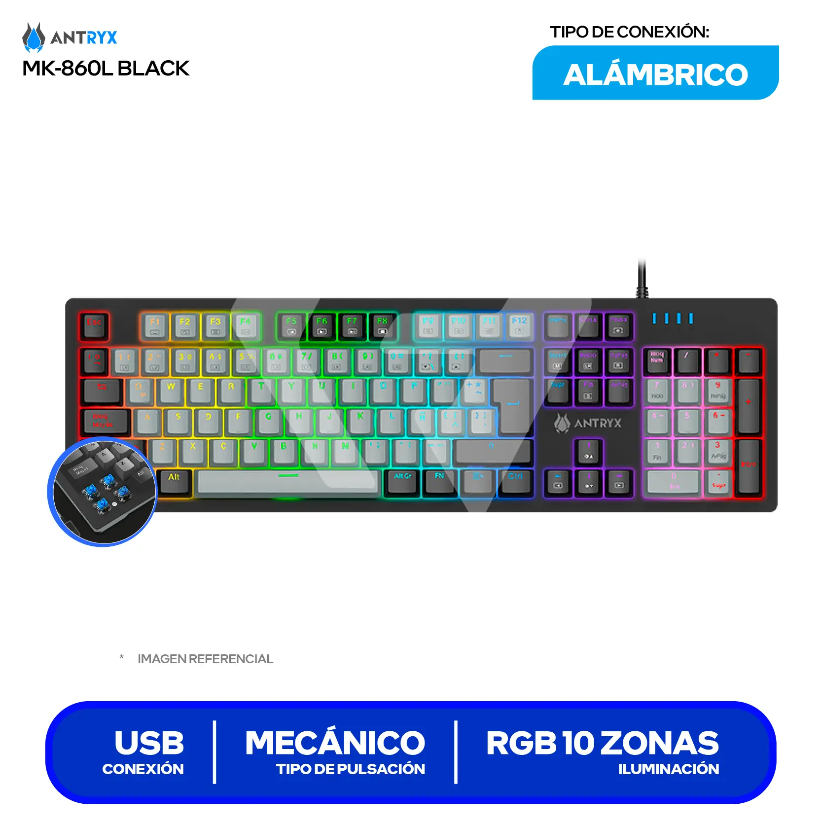 Teclado Gamer Antryx MK-860L Negro ( AMK-860LKGBLR1-SP ) Mecánico, RGB, Switch Blue