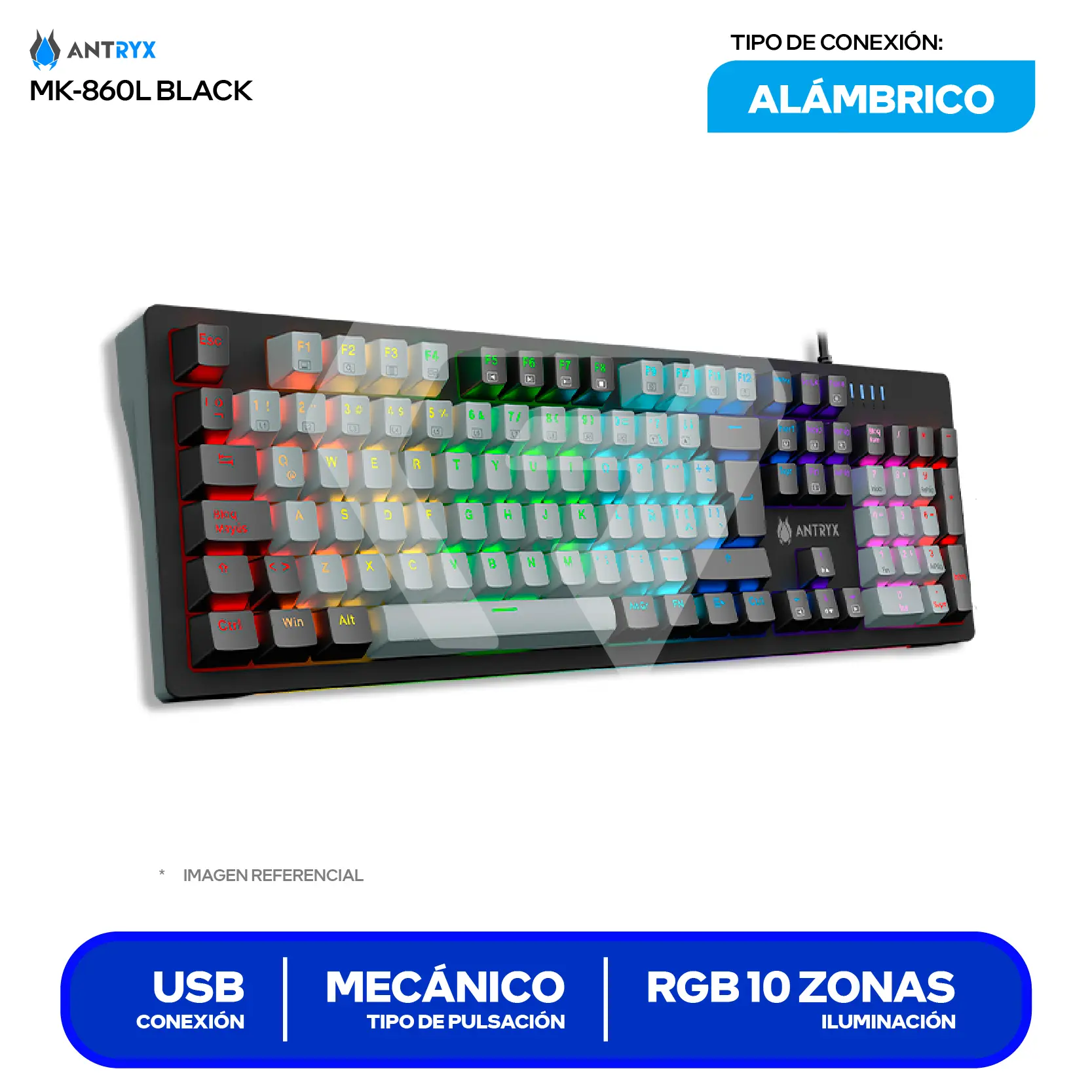 Teclado Gamer Antryx MK-860L Negro ( AMK-860LKGBLR1-SP ) Mecánico, RGB, Switch Blue