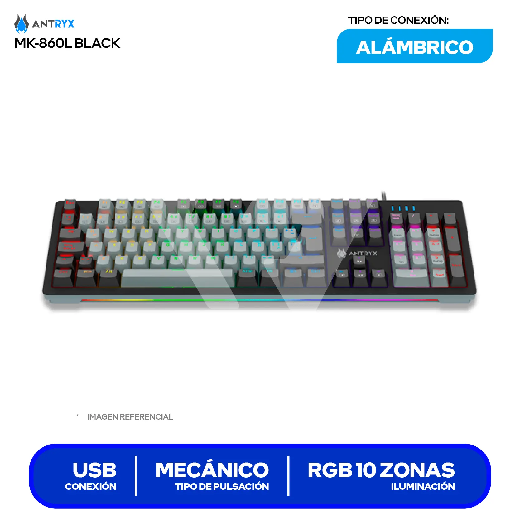 Teclado Gamer Antryx MK-860L Negro ( AMK-860LKGBLR1-SP ) Mecánico, RGB, Switch Blue